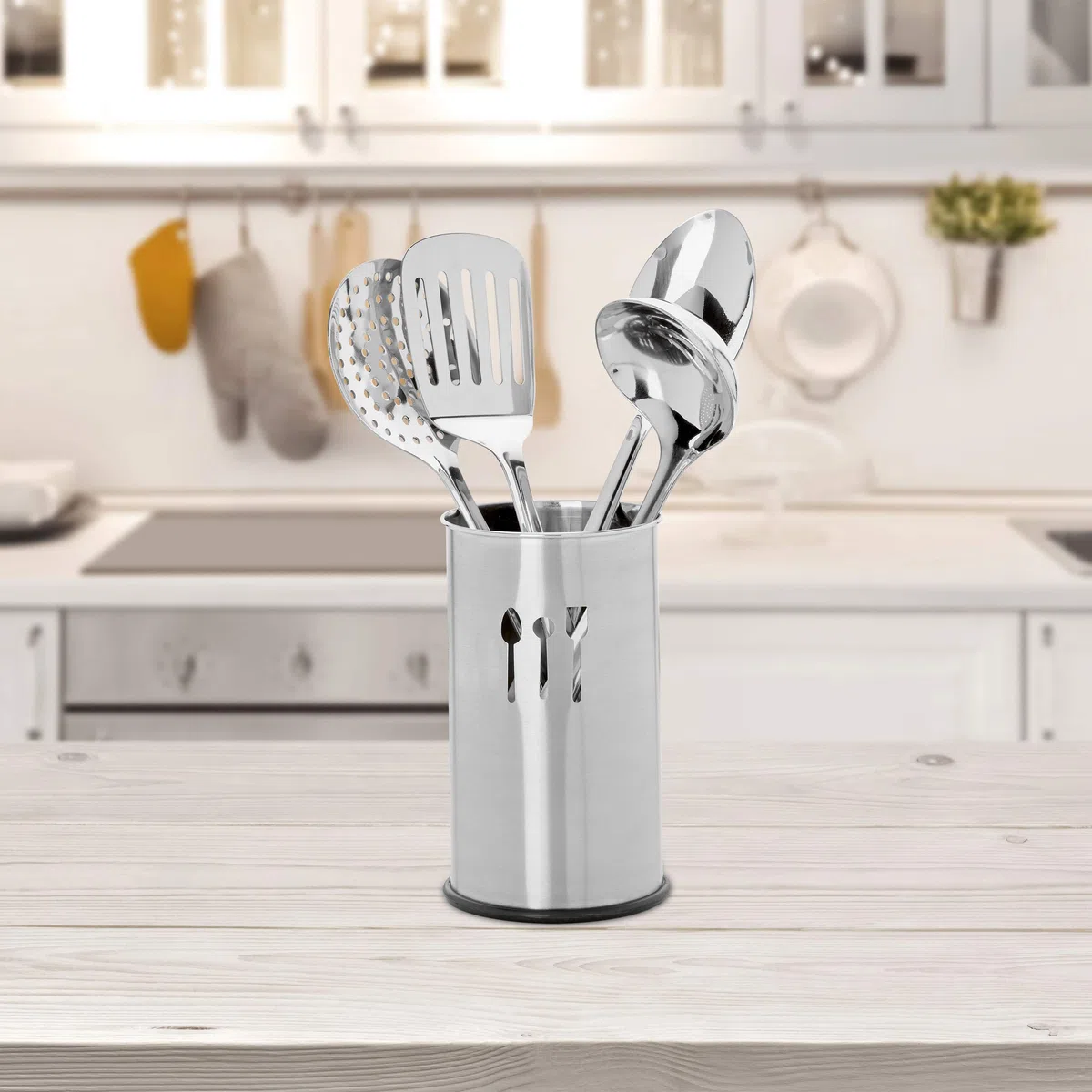 Relaxdays Porta Utensili da Cucina, Set da 5 Accessori, 4 Mestoli, Portaposate, Portamestoli, Kit in Acciaio, Argento