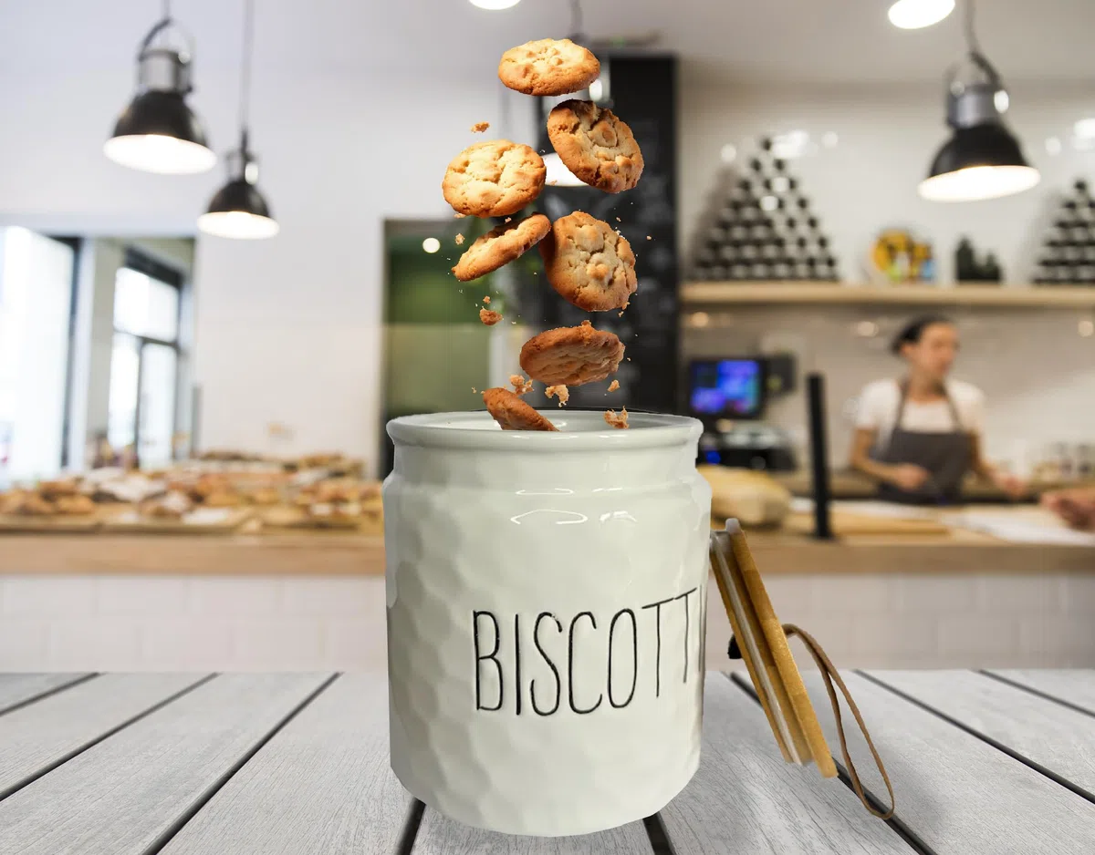 Barattolo Biscottiera, Porta Biscotti, Contenitore Cucina, in Ceramica Effetto Martellato, Tappo in Legno
