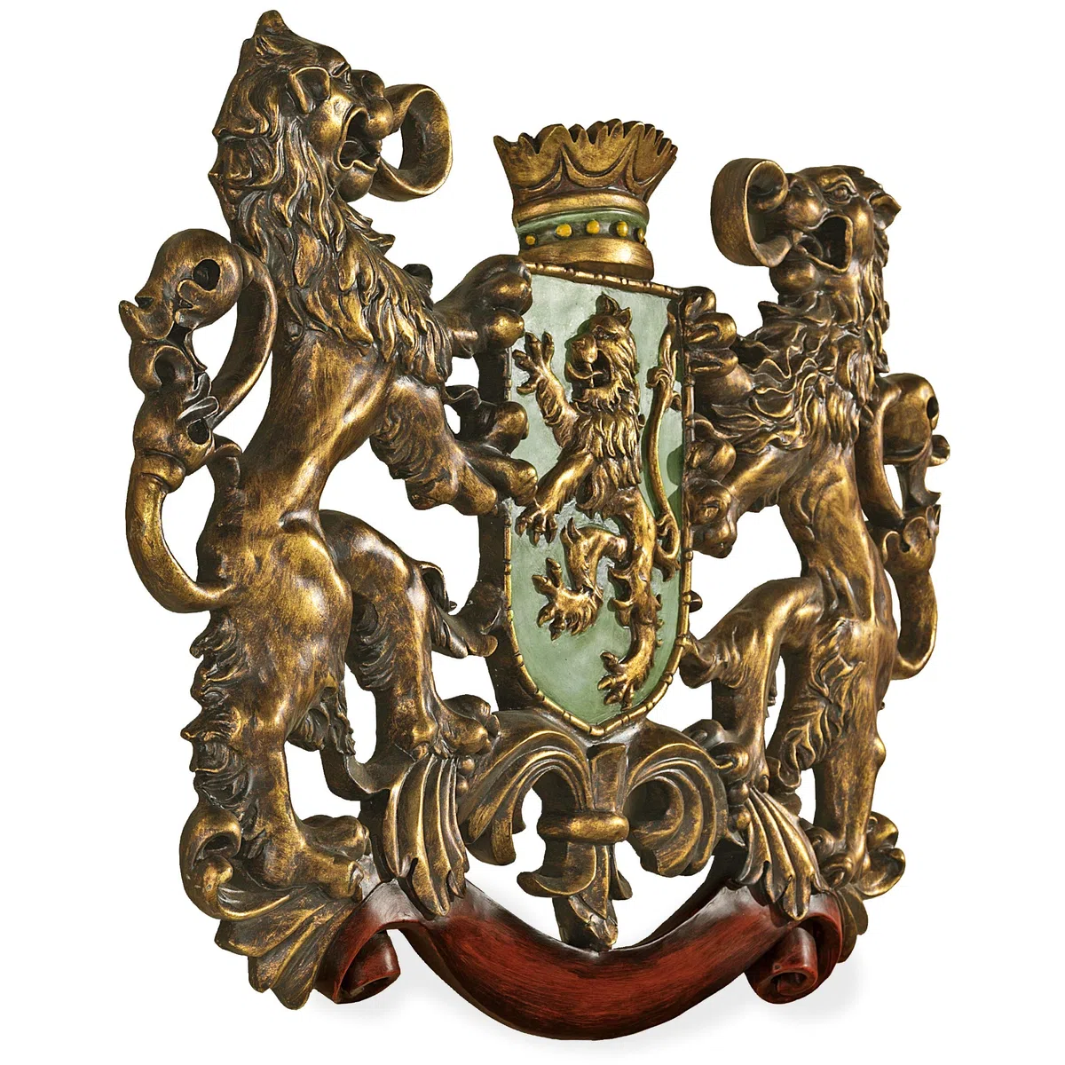 Design Toscano Stemma Araldico Reale con Leoni Scultura da parete Decorazione in stile Medievale, poliresina, a colori, 76 cm