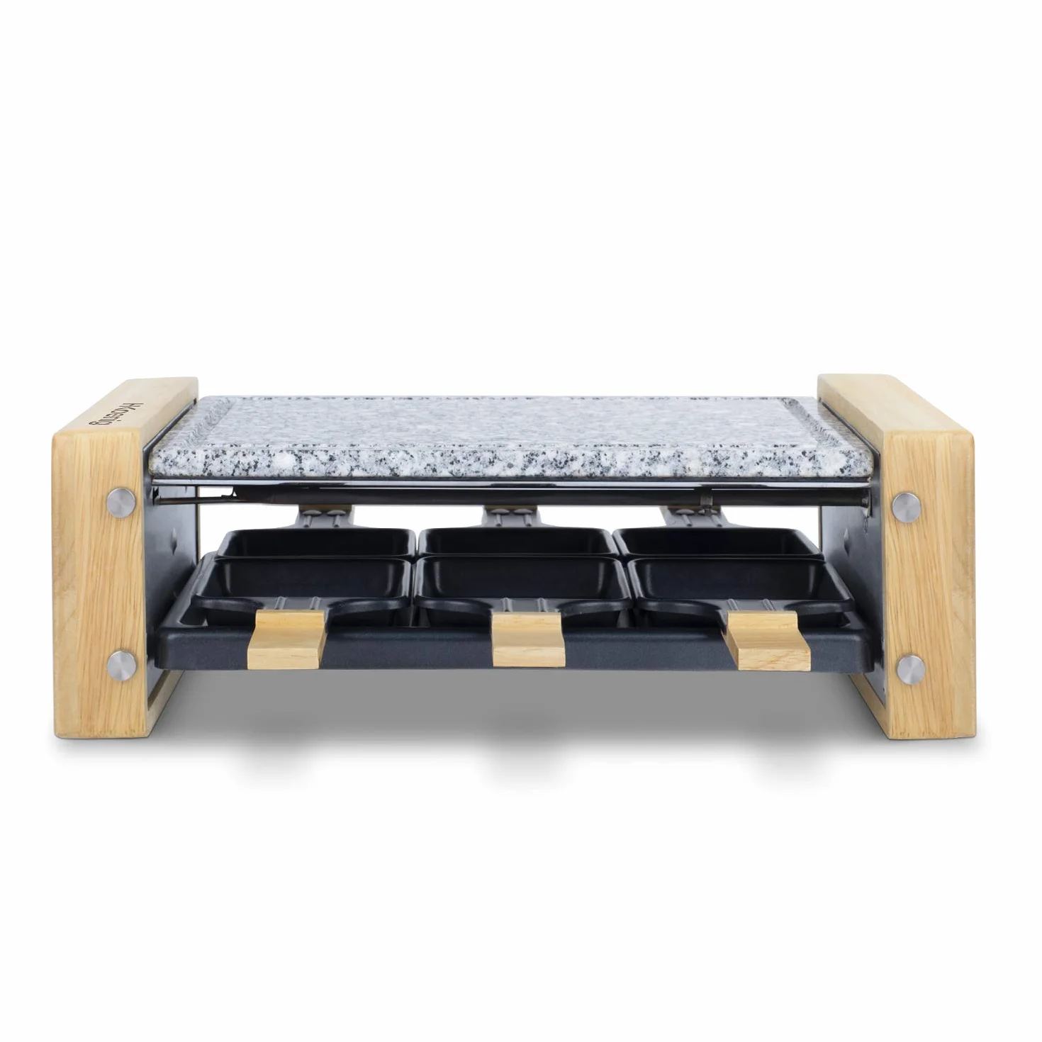 H.Koenig Apparecchio multifunzione per raclette 6 persone WOD6, Professionale, Raclette, Fonduta, Pietra di granito e legno naturale, Piastra rimovibile, 6 teglie e 6 spatole di legno, 900W