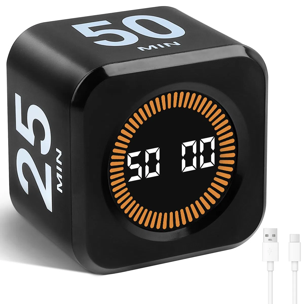 Cuteefun Timer Visuale Cubo, Timer Pomodoro a Rotazione, 5/10/25/50 Minuti & Conto Alla Rovescia Personalizzato, Modalità Muto e Suoneria, Gestione del Tempo per Cucina, Studio, Riunioni, Nero
