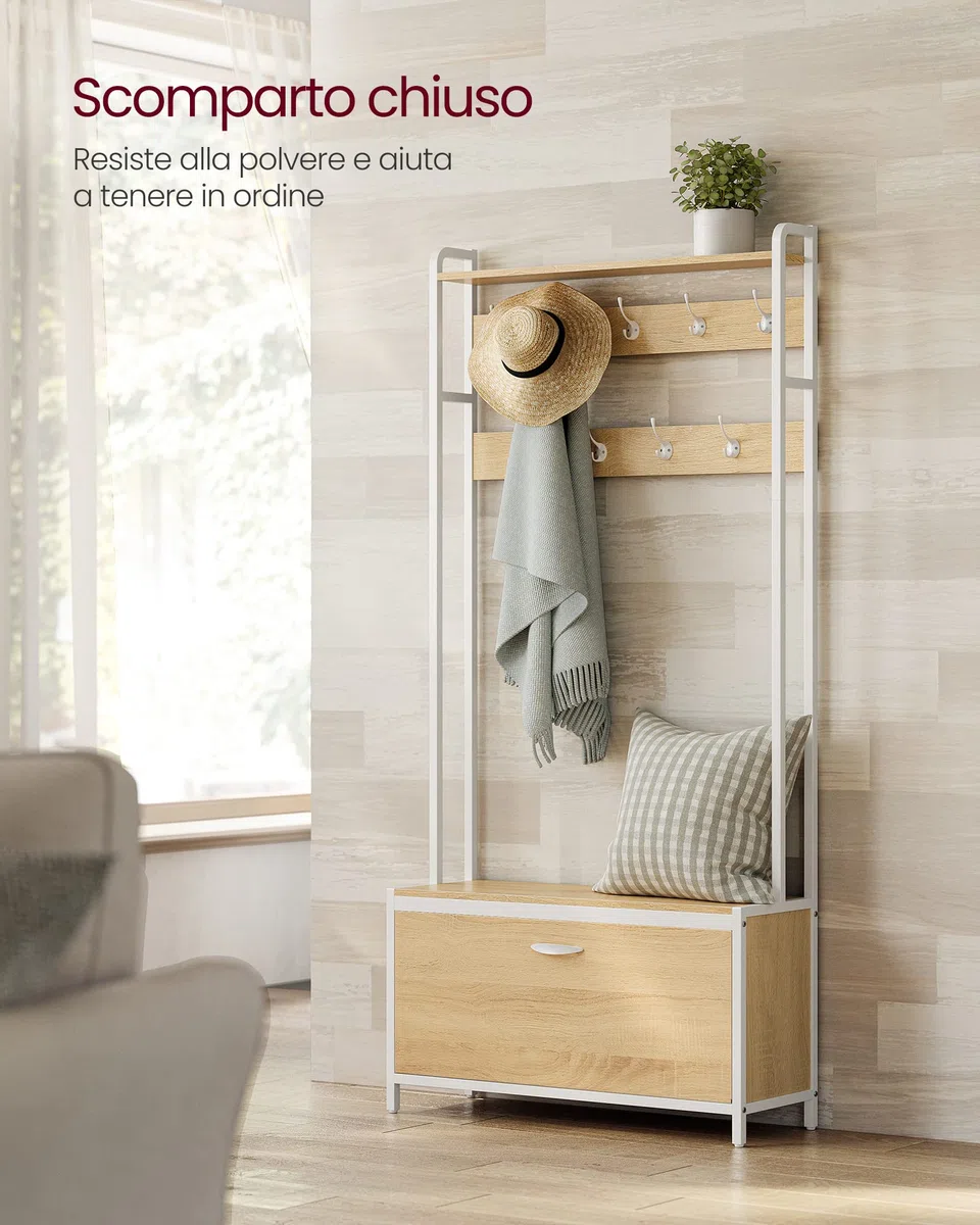 VASAGLE Appendiabiti con Scarpiera a Ribalta, Mobile da Ingresso, con Panca, 9 Ganci e Mensola Superiore, per Corridoio Camera da Letto, Stile Moderno, Rovere e Bianco HSR405W09