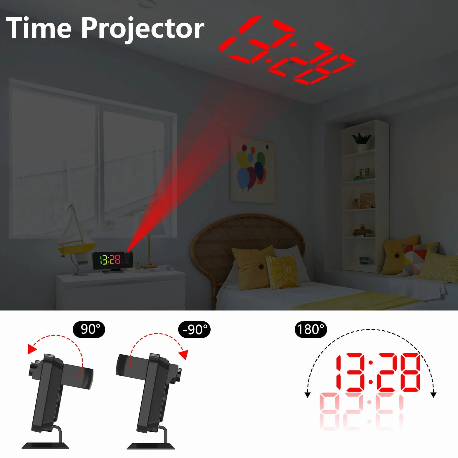 ThreeH Sveglia a Proiezione con 11 Colori RGB Cambiano Display LED a Specchio Orologio Digitale con porta di Ricarica USB Funzione Snooze 6 livelli di Luminosità Regolabile Nero