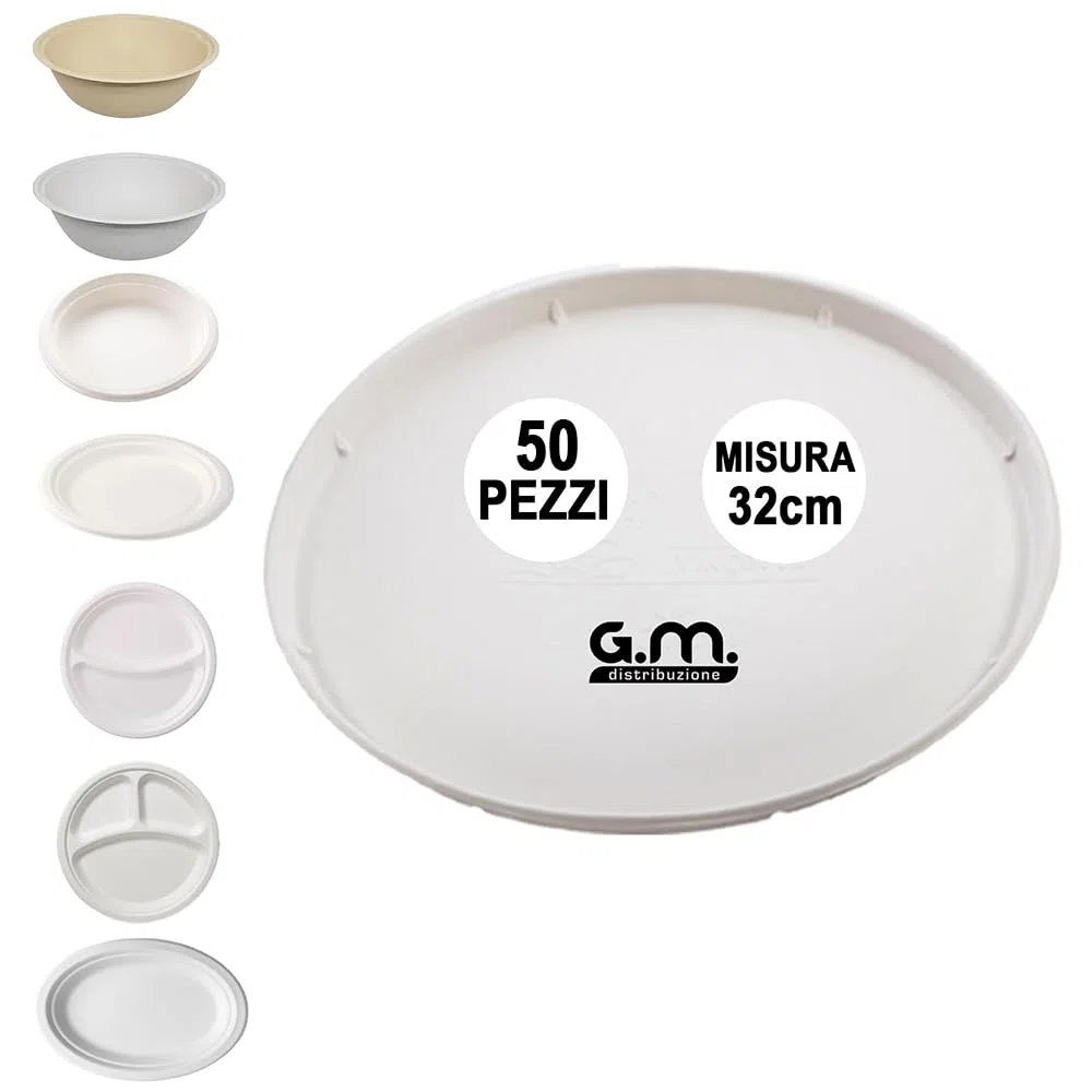 50 Piatti Pizza Bianchi in Polpa di Cellulosa 32cm, Ideale per Pizza, Piatti Impermeabili adatti al Microonde, Biodegradabili e Compostabili