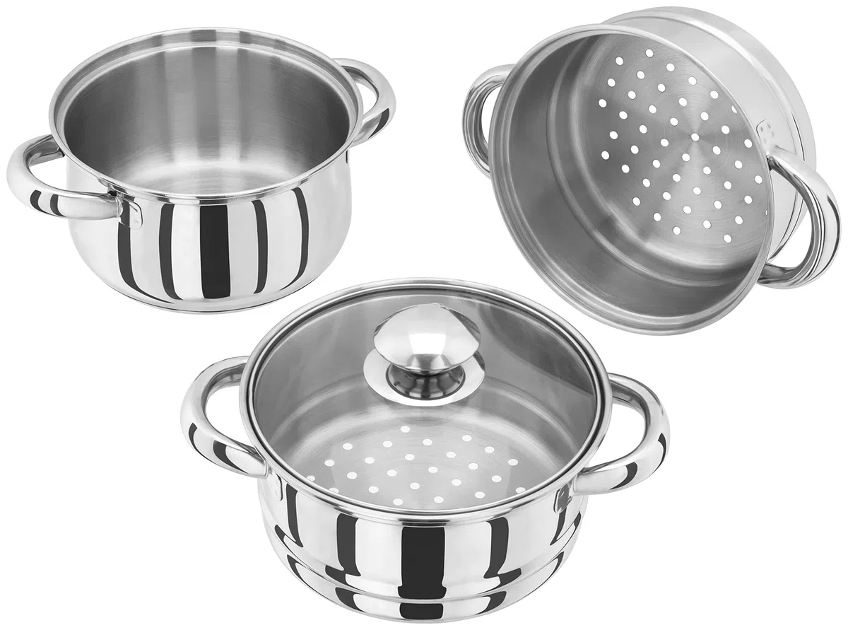 Judge Vaporiera Essential a 3 livelli in acciaio inox, base termica e coperchio in vetro ventilato, per cottura a vapore per verdure con manici freddi, efficiente dal punto di vista energetico,