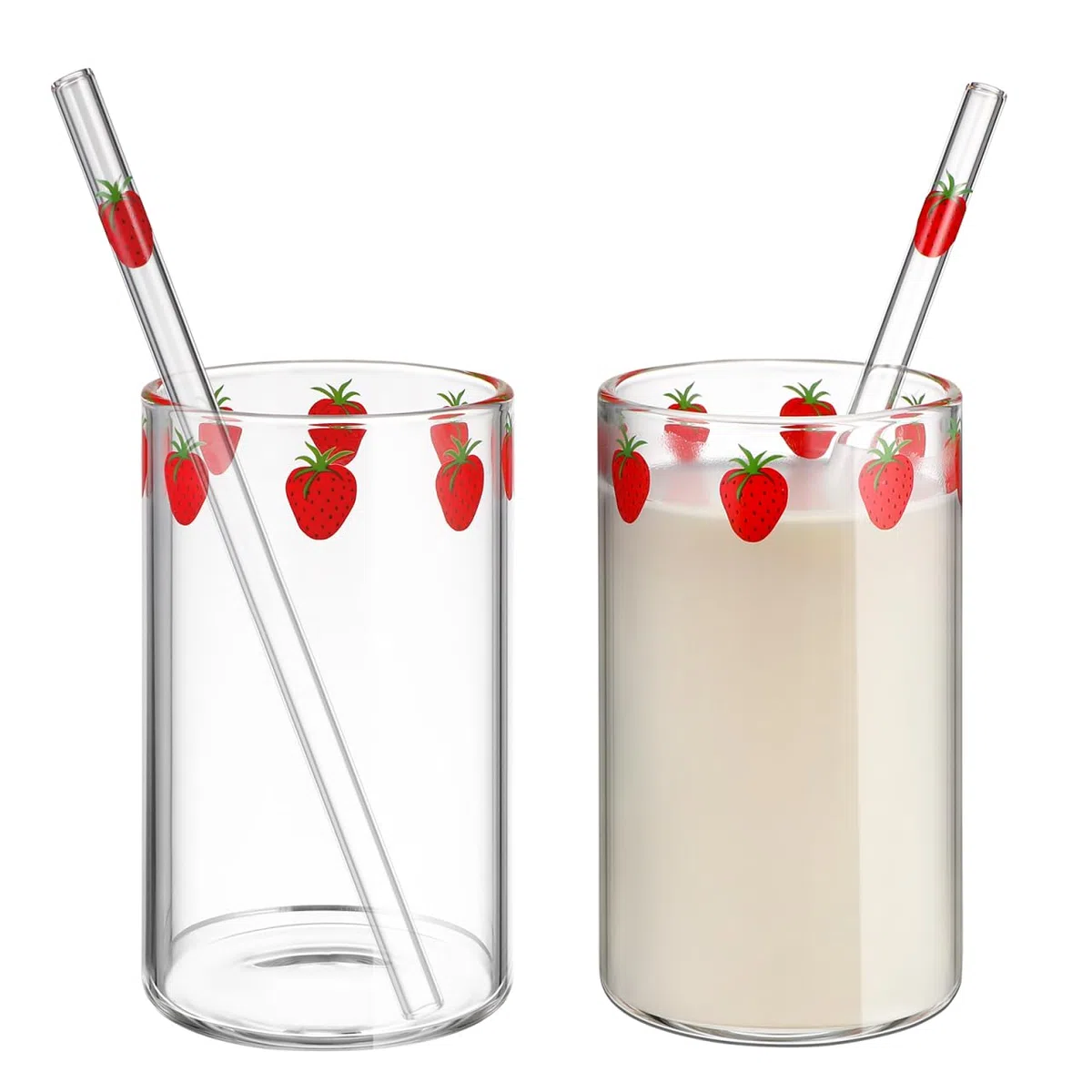 UPKOCH Bicchiere di Vetro con Fragole Tazza di Latte Trasparente con Cannuccia Set di 2 Tazze Compatte per Casa E Colazione Facile da Pulire E Pratica per Bevande Fresche