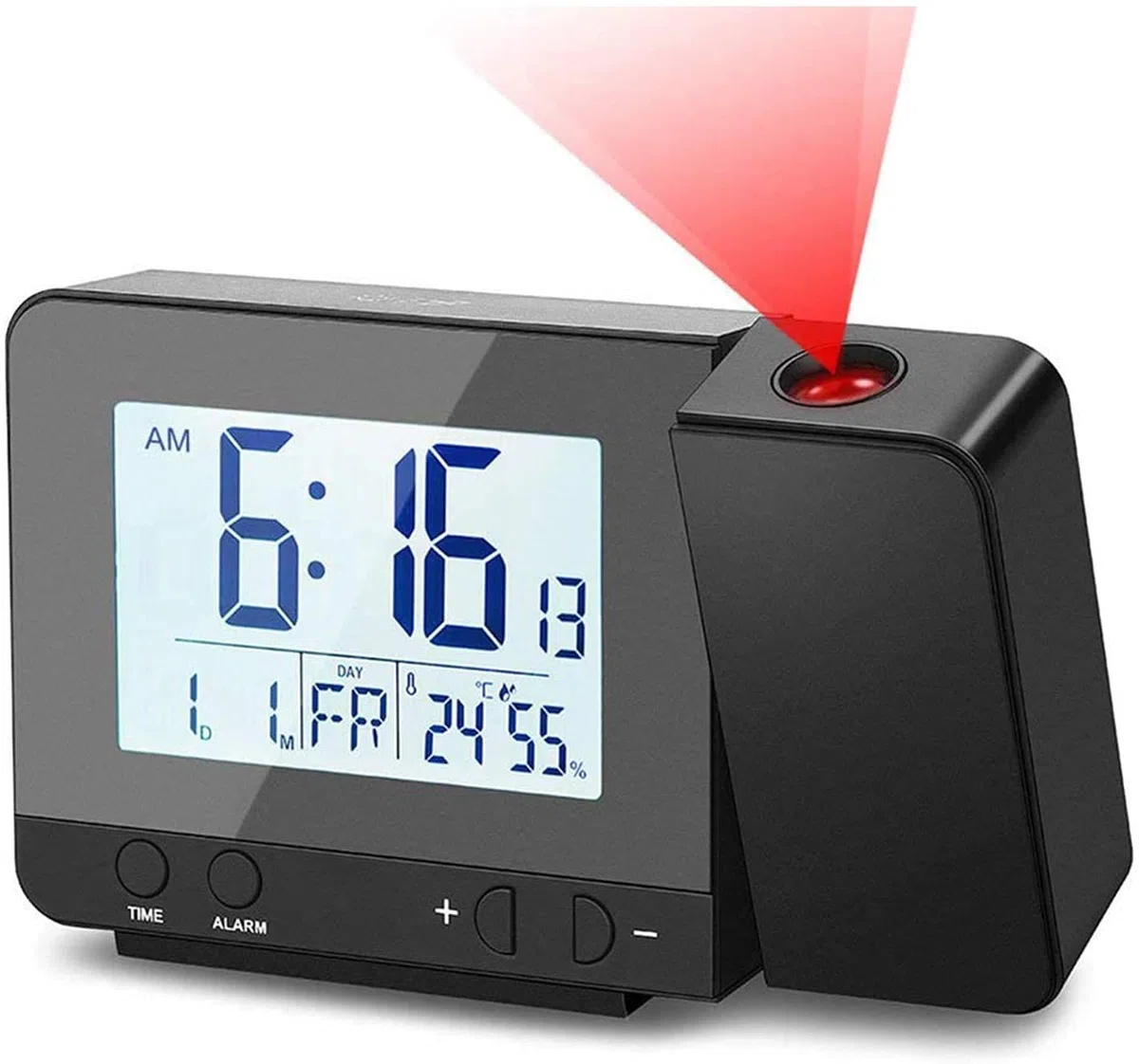 Deofde Sveglia con proiezione, Sveglia Digitale con Ampio Display LCD, Orologio Digitale con Doppio Allarme, Funzione Snooze, Timer di Standby, 12 / 24h, termometro Interno