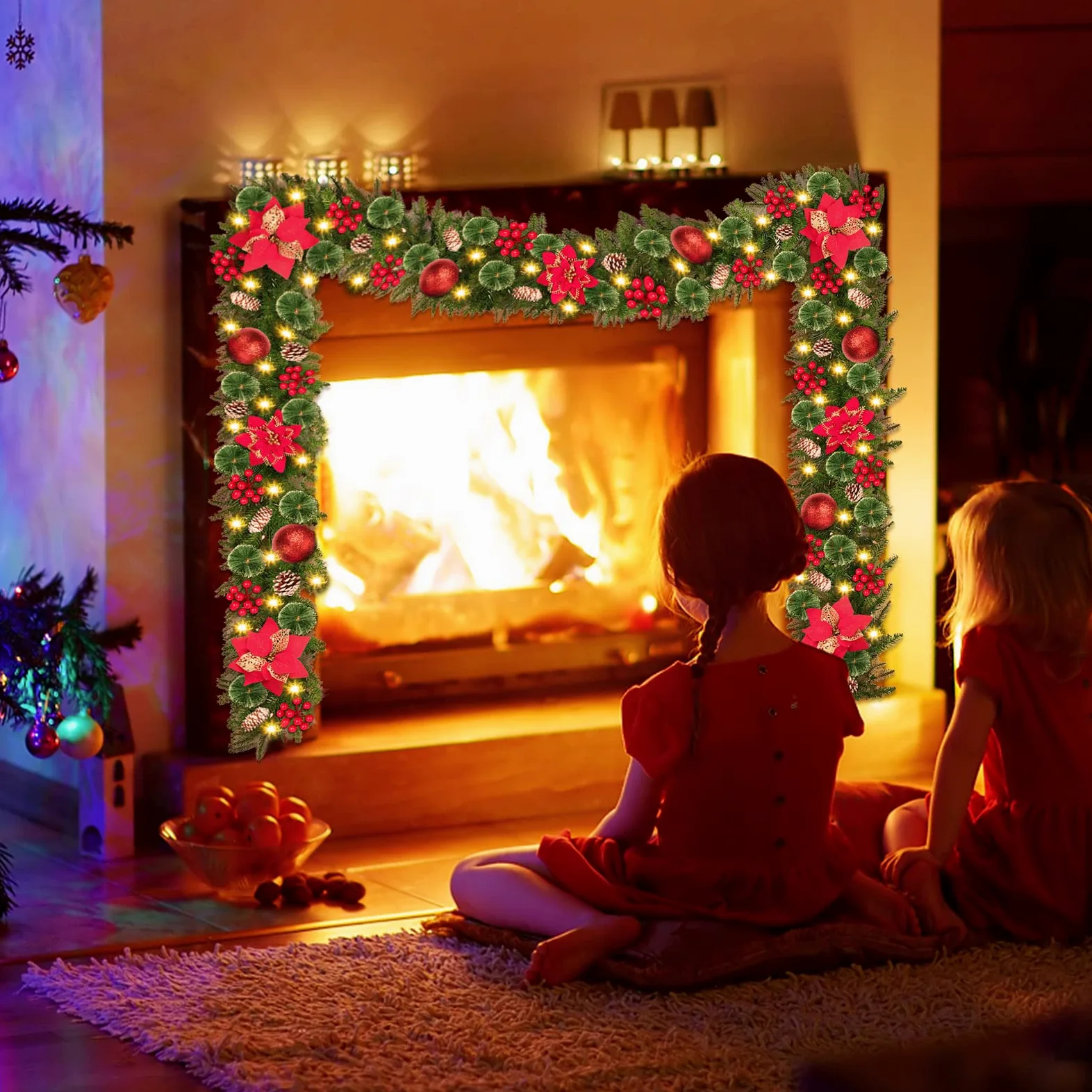 Ghirlanda Natalizia con Luci, 30Led 2.7M Ghirlanda Natalizia per Porta Camino Scale Esterno Decorazioni, Festone Natalizio Rami Natalizi Decorazioni Natalizie per la Casa Interno (Bianco Caldo)