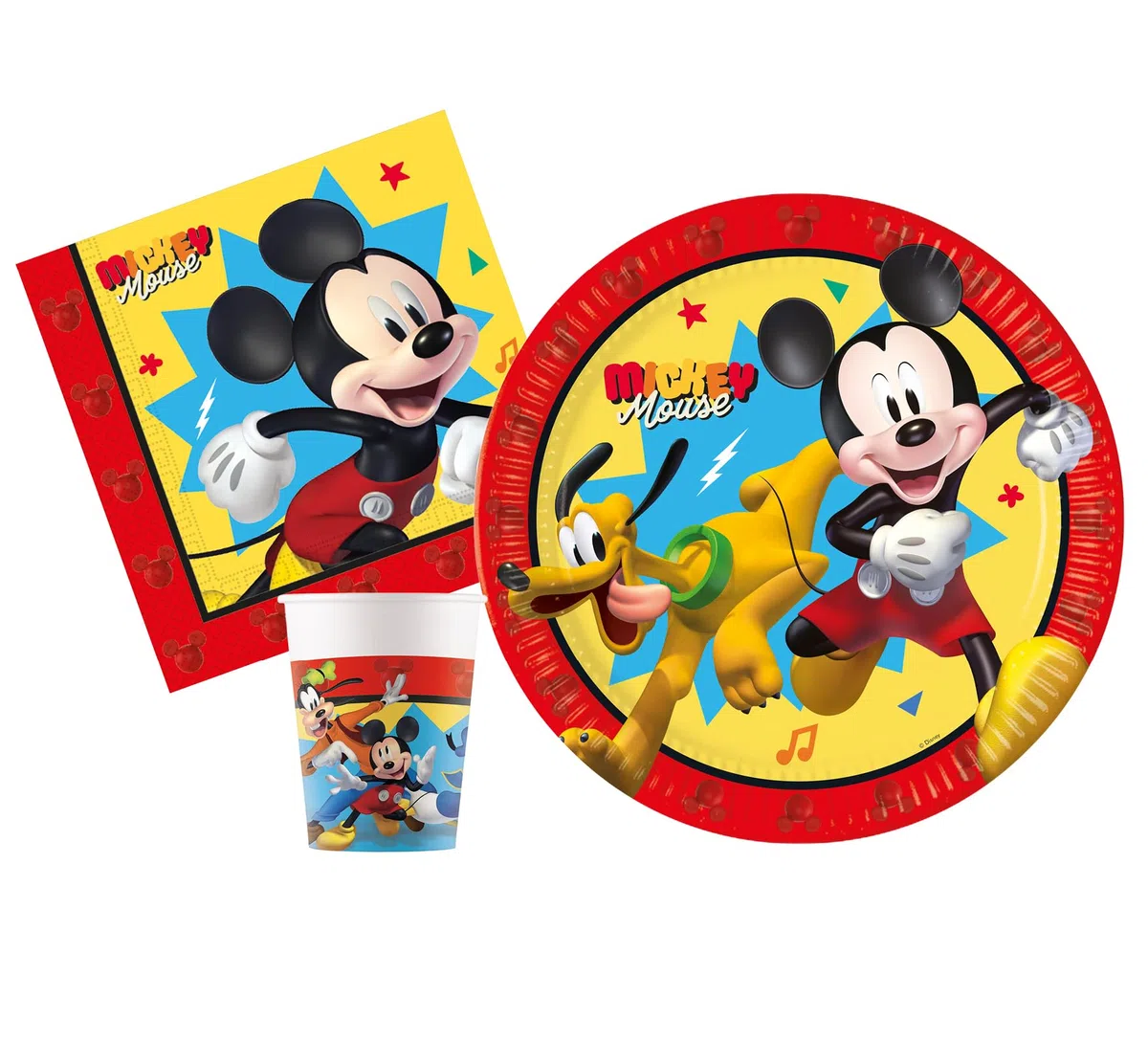 Kit Party Tavola Disney Mickey Jump into Fun per 24 persone (88 pezzi: 24 piatti Ø23cm, 24 bicchieri 200ml, 40 tovaglioli 33x33cm) in carta FSC compostabile eco-friendly