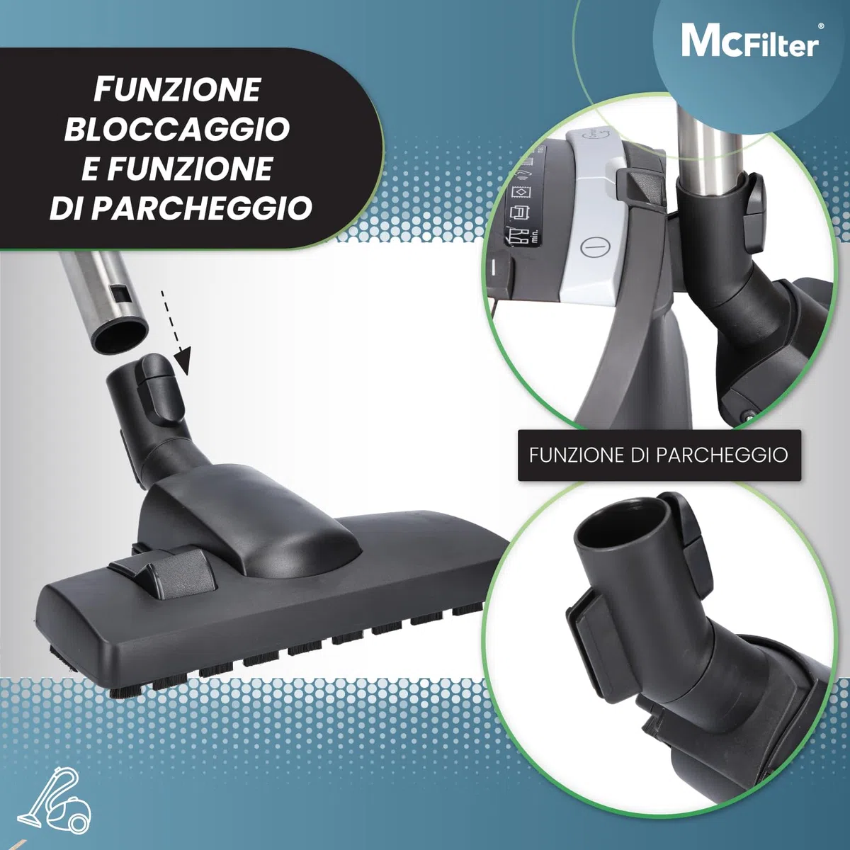 McFilter I Bocchetta combinata per pavimenti adatta per aspirapolvere Miele serie C1, C2, C3, S8000, S2, S3, S4, S5, S6, completo, compatto, classico, 35 mm, commutabile e funzione di parcheggio