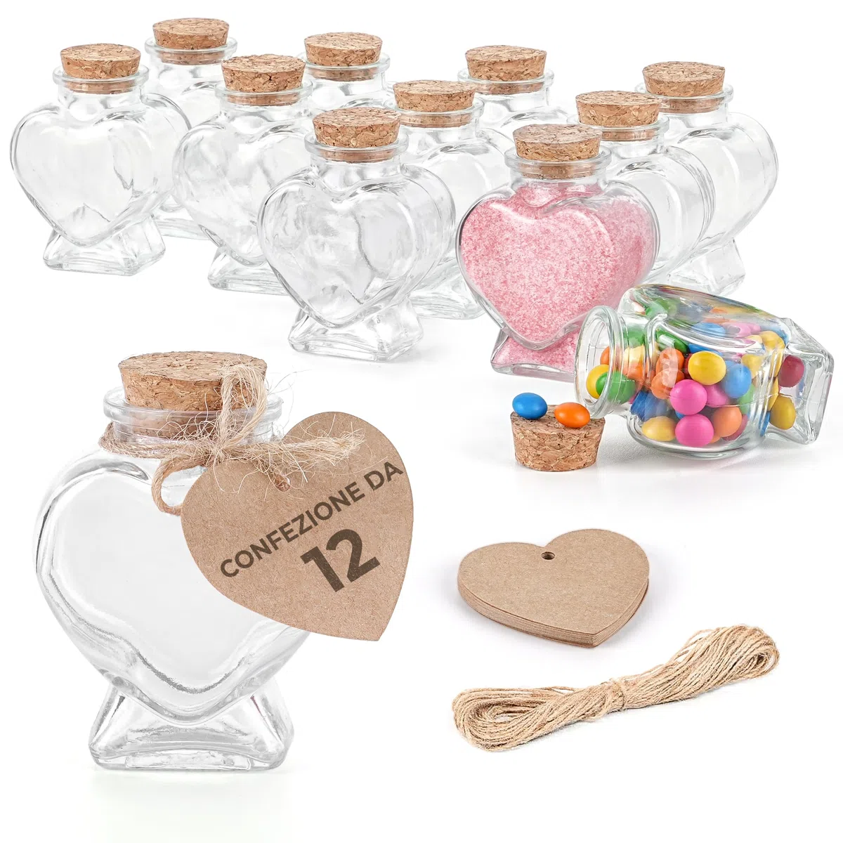 Winter Shore Boccette Vetro Tappo Sughero Cuore da 70 ml con Etichette e Cordoncini - Set da 12 Bottiglie Particolari per Messaggi e Bricolage
