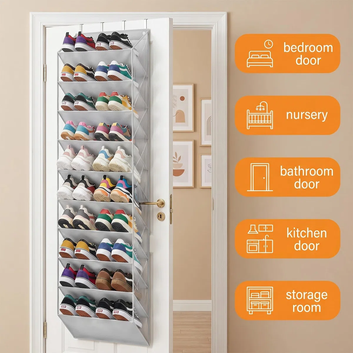 Porta Scarpe Salvaspazio Verticale con 10 Tasche Profonde & 4 Ganci, Grande Capacità Scarpiera da Appendere per Armadio, Lavanderia e Camera Letto