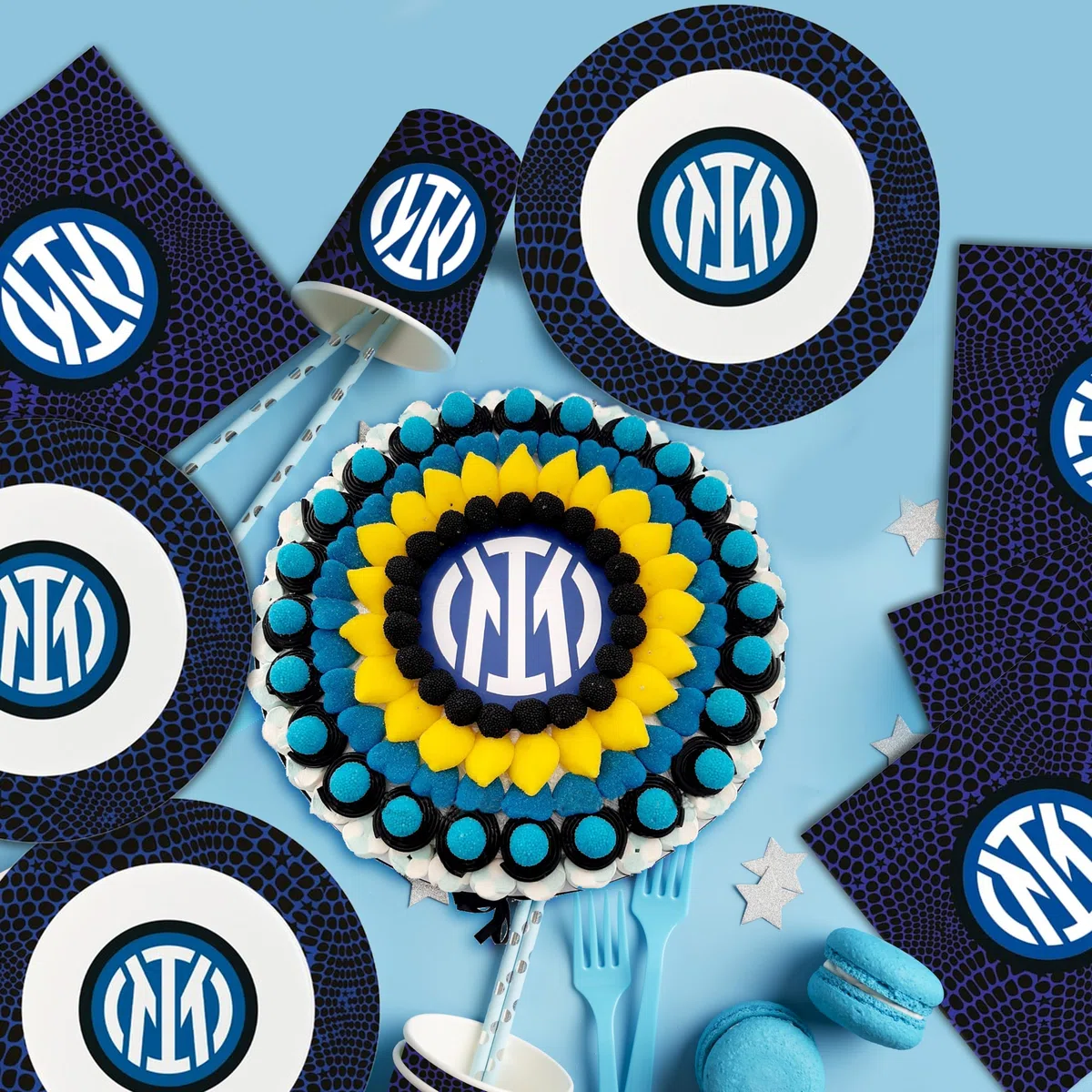 8 Bicchieri Neroazzuri in Carta, Stoviglie Addobbi da Tavola per Party a Tema Celebrazione Festa Compleanno Squadra Calcio Tifosi Decorazioni Nerazzurro - 266 ml