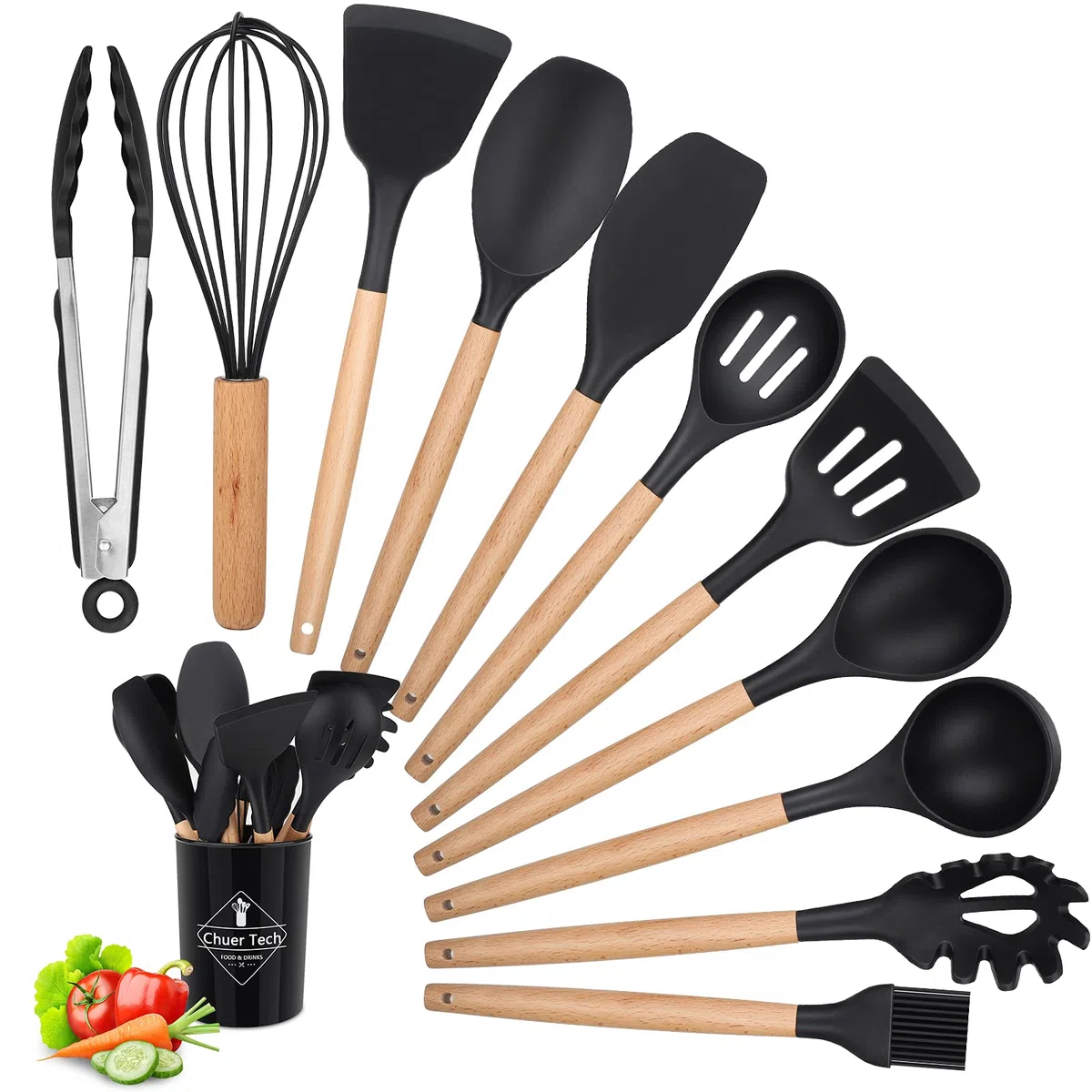 Utensili da cucina in silicone per legno, 12 pezzi, accessori da cucina, set senza BPA, antiaderenti, antigraffio e resistenti al calore, strumento da cucina antiaderente per mestolo, spatola,