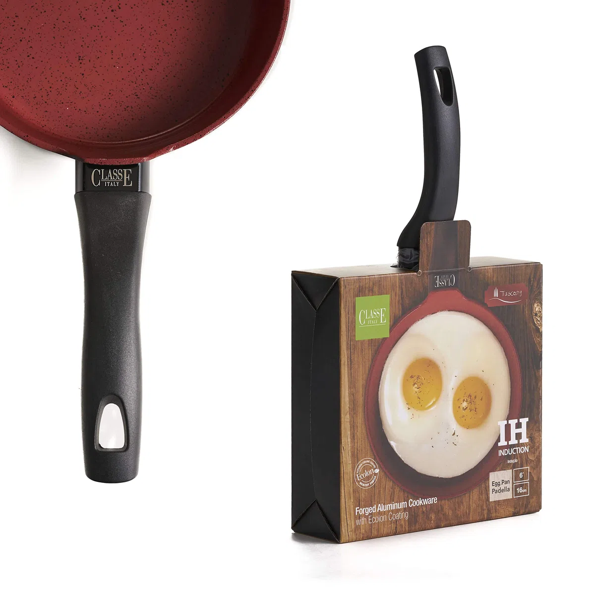 CLASSE ITALY, Linea TUSCANY, Padellino Uovo cm 16 Antiaderente Naturale a 5 strati alta resistenza, senza PTFE, PFOA, PIOMBO, CADMIO, per Induzione e Fiamma,