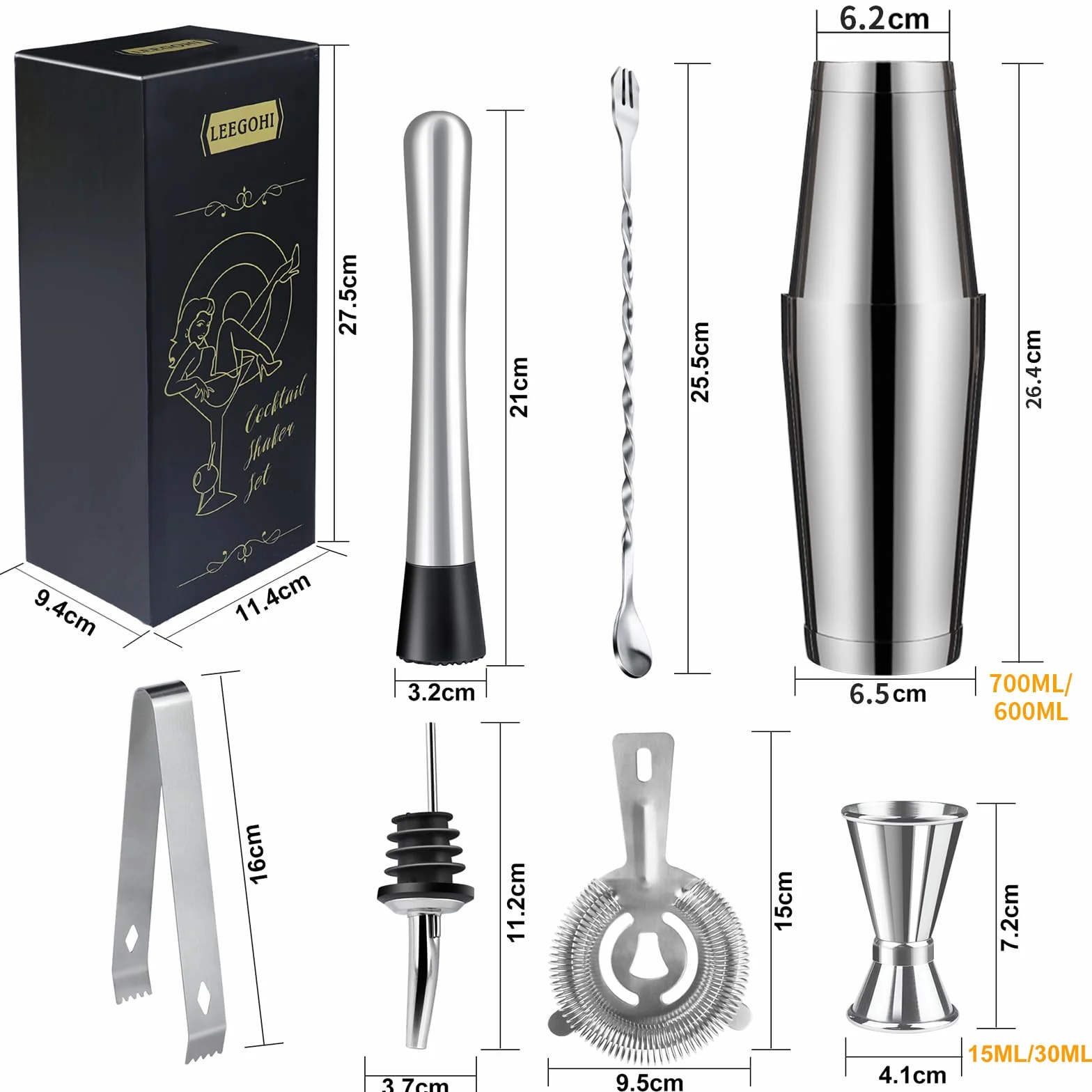 Boston Kit Cocktail,8 Pezzi Kit Barista in 304 Acciaio Inox Kit Professionale Cocktail Shaker Set con 700/600ML Shaker, per la Casa, Bar, Festa, Usato per fare il gin, Campari's aperitivo