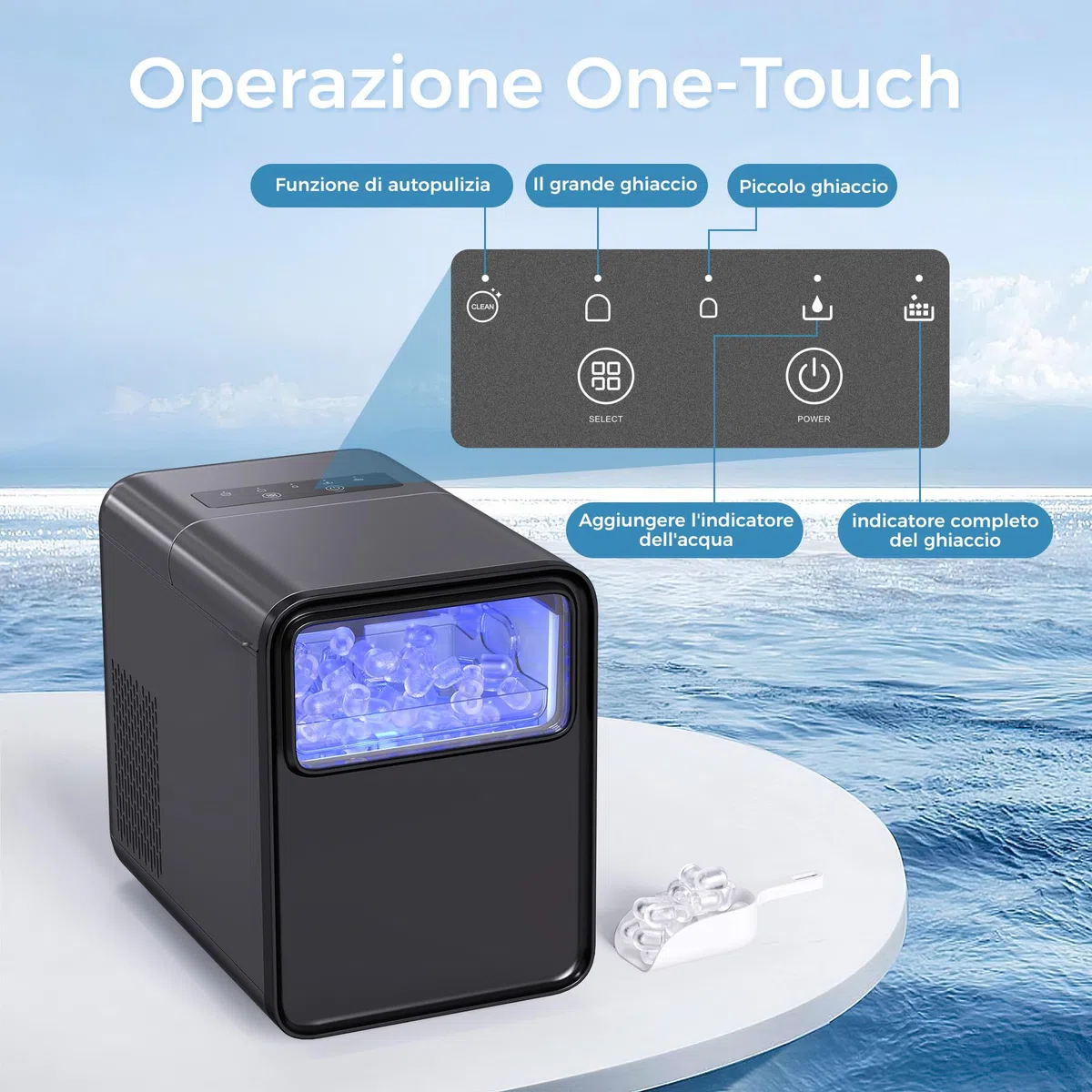 QEXREED Macchina per cubetto ghiaccio piccola 12 kg/24 h, 9 cubetto in 6 minuti, autopulente con paletta e cestello, 2 misure, nero