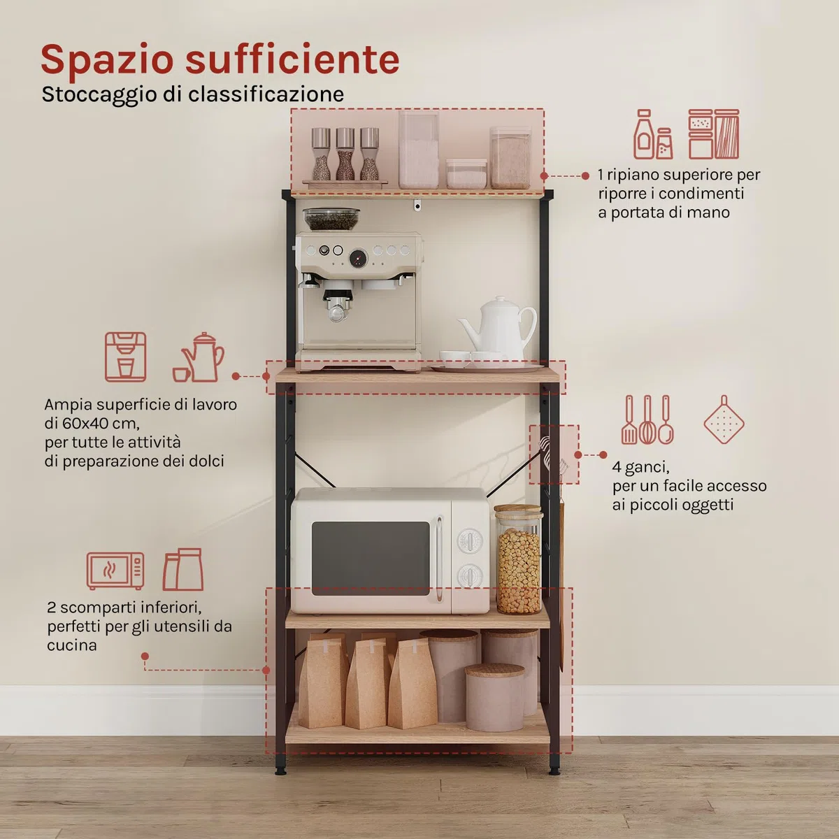 WOLTU Scaffale per Cucina in Acciaio Legno 4 Ripiani Carrello per Microonde Scaffalature Organizzatore 60x40x123 cm