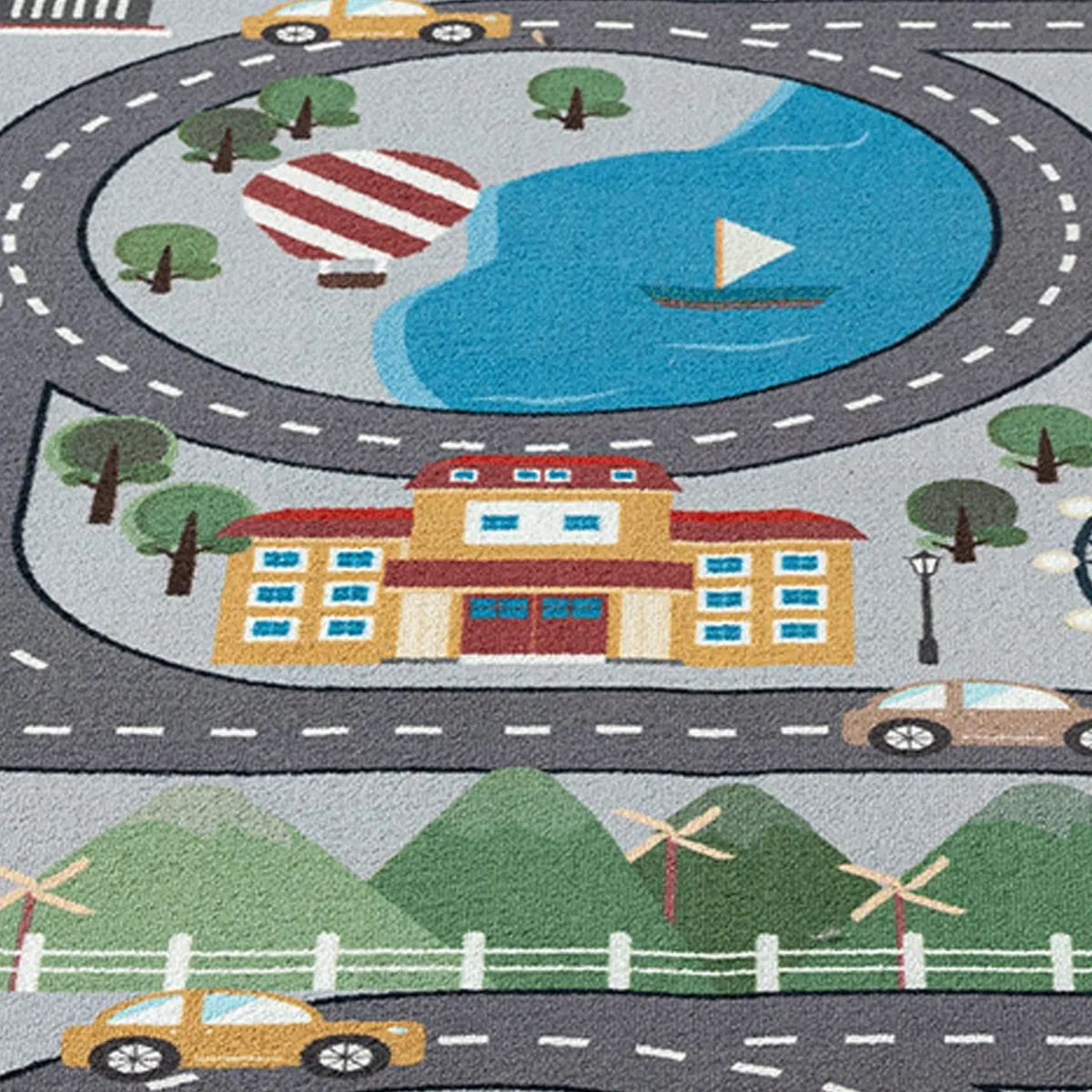 Teppich-Traum Tappeto Gioco per Bambini Paesaggio Urbano - ruota panoramica Montagne - grigio 140x200 cm
