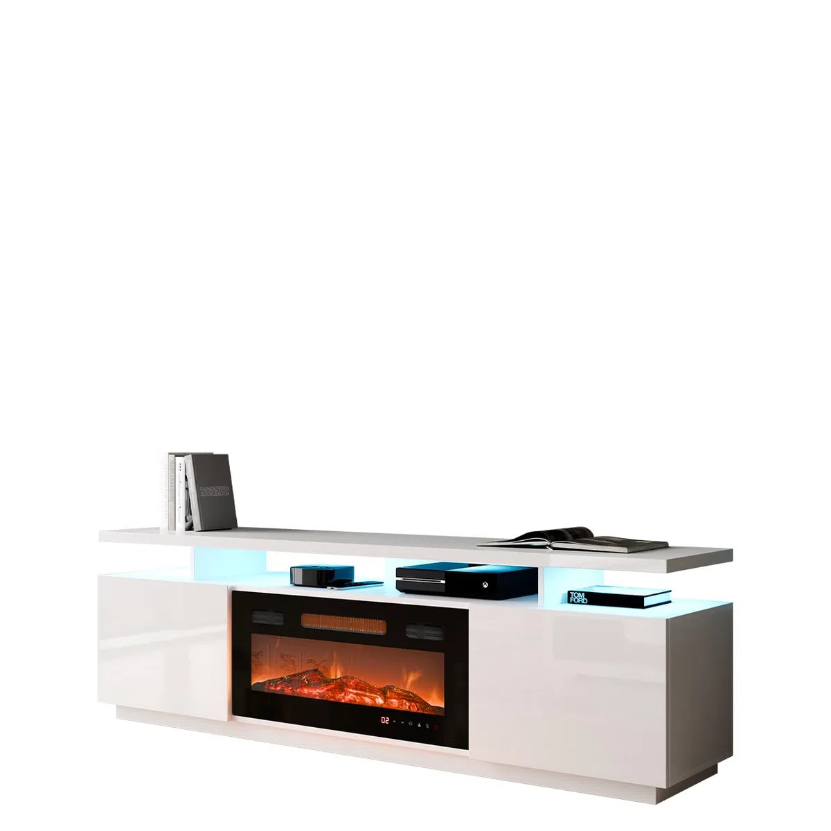 Mirjan24 Lostino - Armadio TV con camino elettrico LED, fiamma reale, fornello di cristallo, riscaldamento TV LED (Low board)