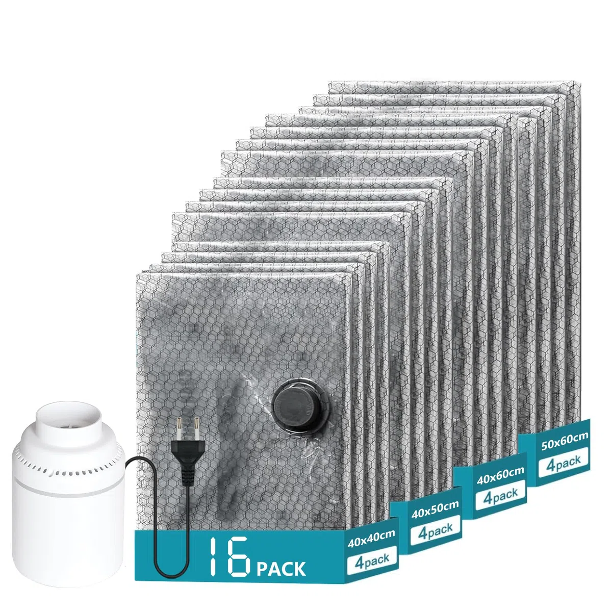 Set di 16 Sacchetti Sottovuoto Viaggio con Pompa Elettrica Portatile - 4 Misure (40x40, 40x50, 40x60, 50x60 cm) - Sacchetti Sottovuoto Vestiti e Biancheria per Organizzare Bagagli