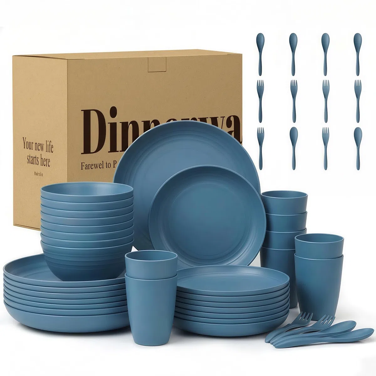 Wrova Servizio da tavola in plastica, 48 pezzi, servizio per 8 persone, infrangibili, set di posate, piatti, ciotole, tazze, forchette e cucchiai, adatto al microonde e alla lavastoviglie, per esterni