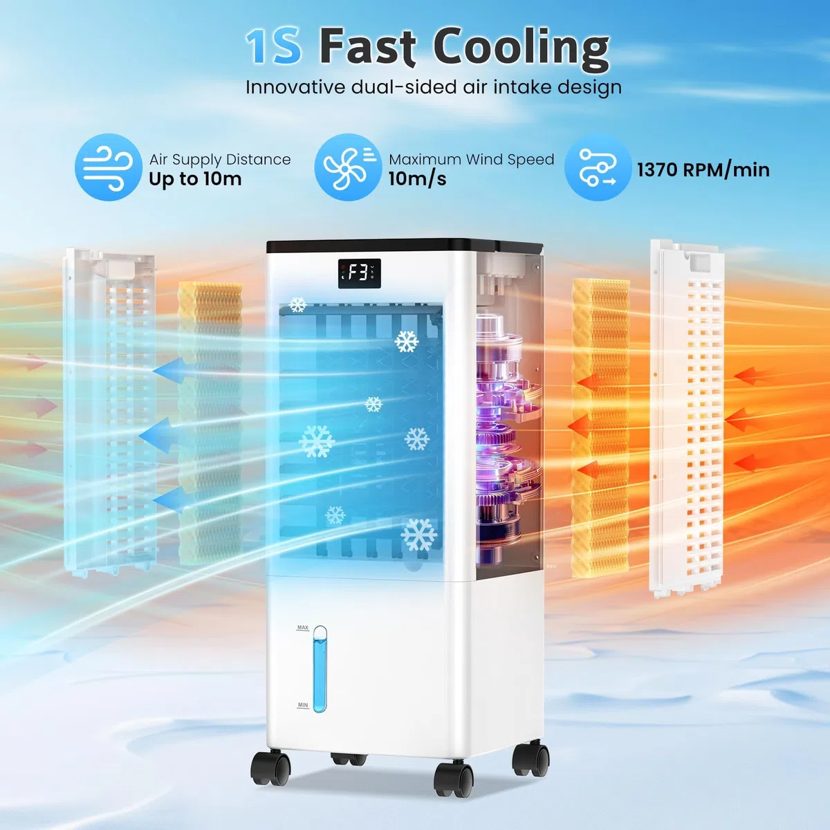 Condizionatore Portatile Senza Tubo, Raffreddatore d’Aria 4 in 1, 4 Modalità 3 Velocità, Climatizzatore Evaporativo 60 W, Timer 1-12 H, con Telecomando, 4 Ruote per Casa e Ufficio