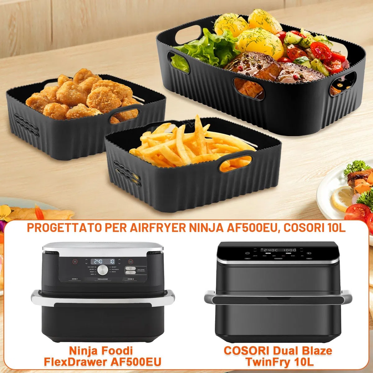 3PCS Accessori Friggitrice ad Aria in Silicone, Rettangolare Teglie Cestino Friggitrice ad Aria per Ninja AF500EU, COSORI 10L, Riutilizzabile Contenitori per Friggitrice (1 * 10,4 l+2 * 5,2 l)