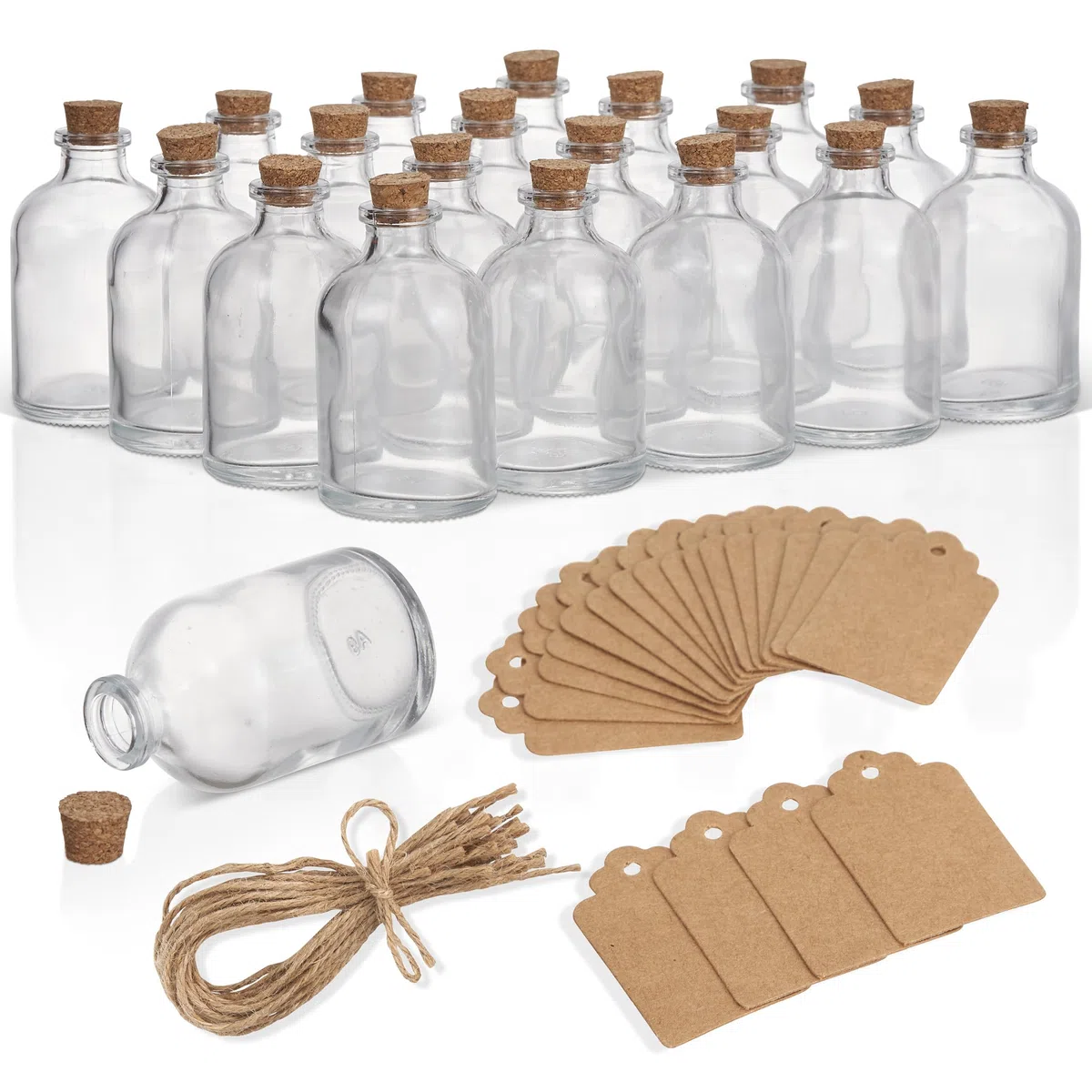 THE TWIDDLERS - 20 Mini Barattoli Vetro 50 ml con Tappi Sughero, Corde, Etichette - 50ml