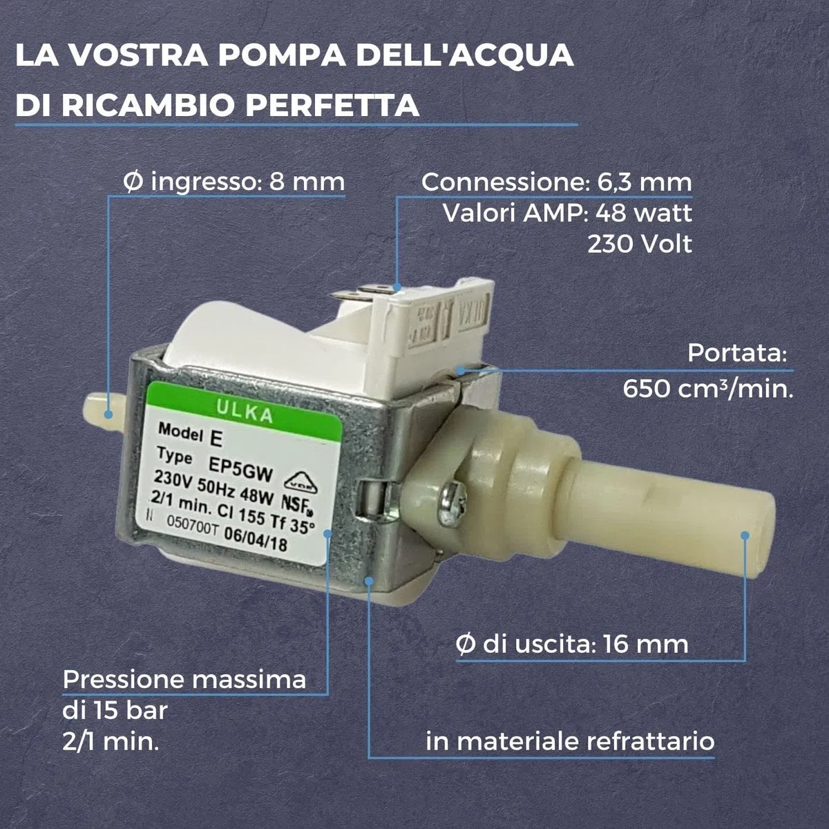 LICHTBLAU Pompa ULKA EP5GW 48W 230V I pompa di ricambio ignifuga adatta per Philips Saeco 996530007753 12000140 DeLonghi 5113211311 Miele 5035151 & Krups MS-622743 I