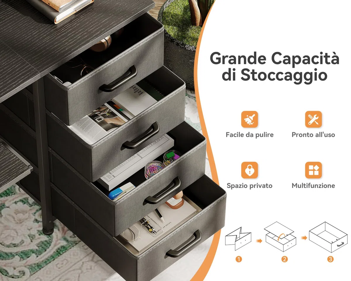 ODK Scrivania con 4 Cassetti, 140x52x92cm Scrivania per Computer con Presa di Corrente e Ricarica USB, Scrivanie Gaming Tavolo Scrivanie con Ripiani Regolabili per la Casa, Nero