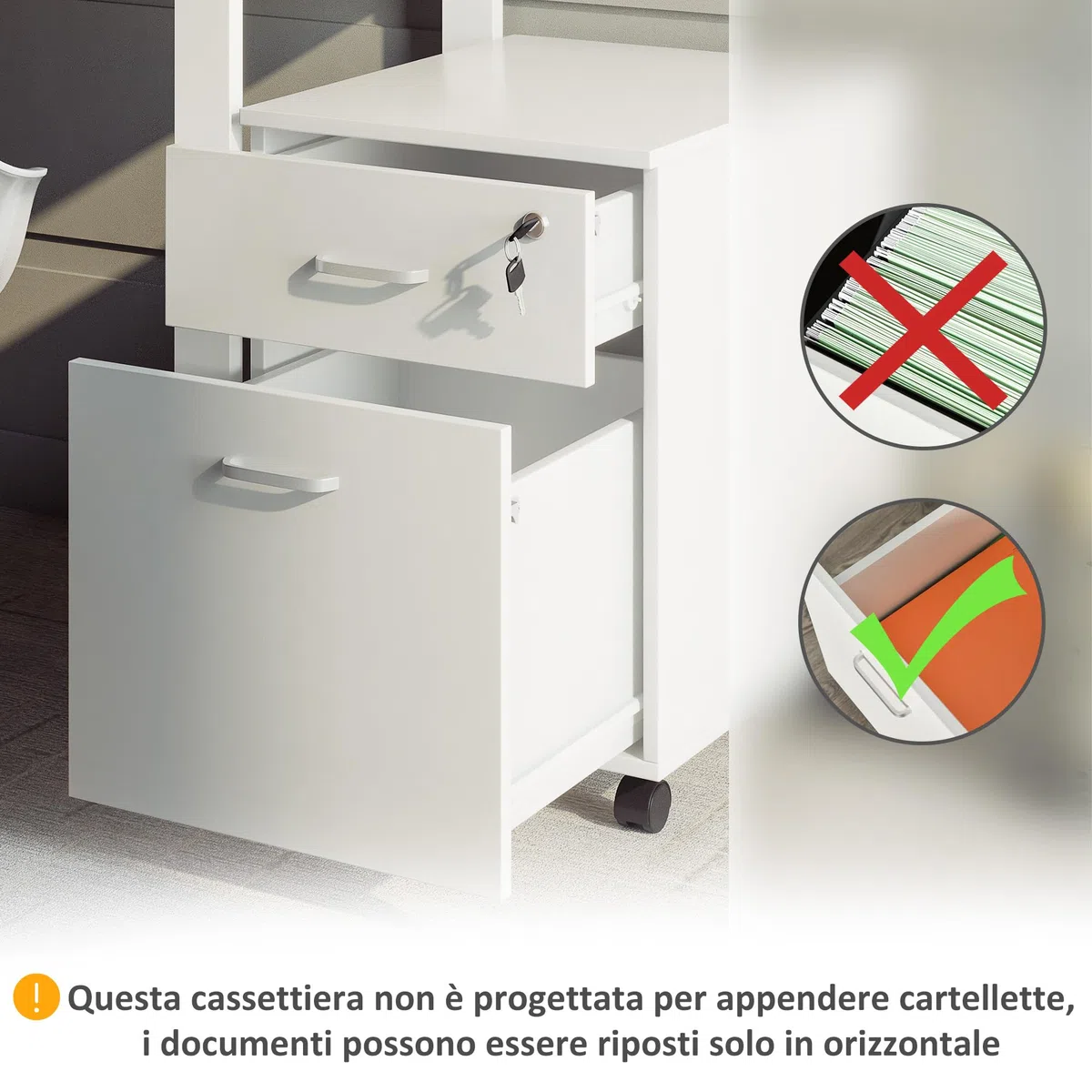Vinsetto Cassettiera Ufficio con 2 Cassetti e 5 Ruote, Schedario da Ufficio in Legno con Serratura Porta Documenti Cartelle, Ideale per Soggiorno, Studio, 40x49x58 cm, Bianco
