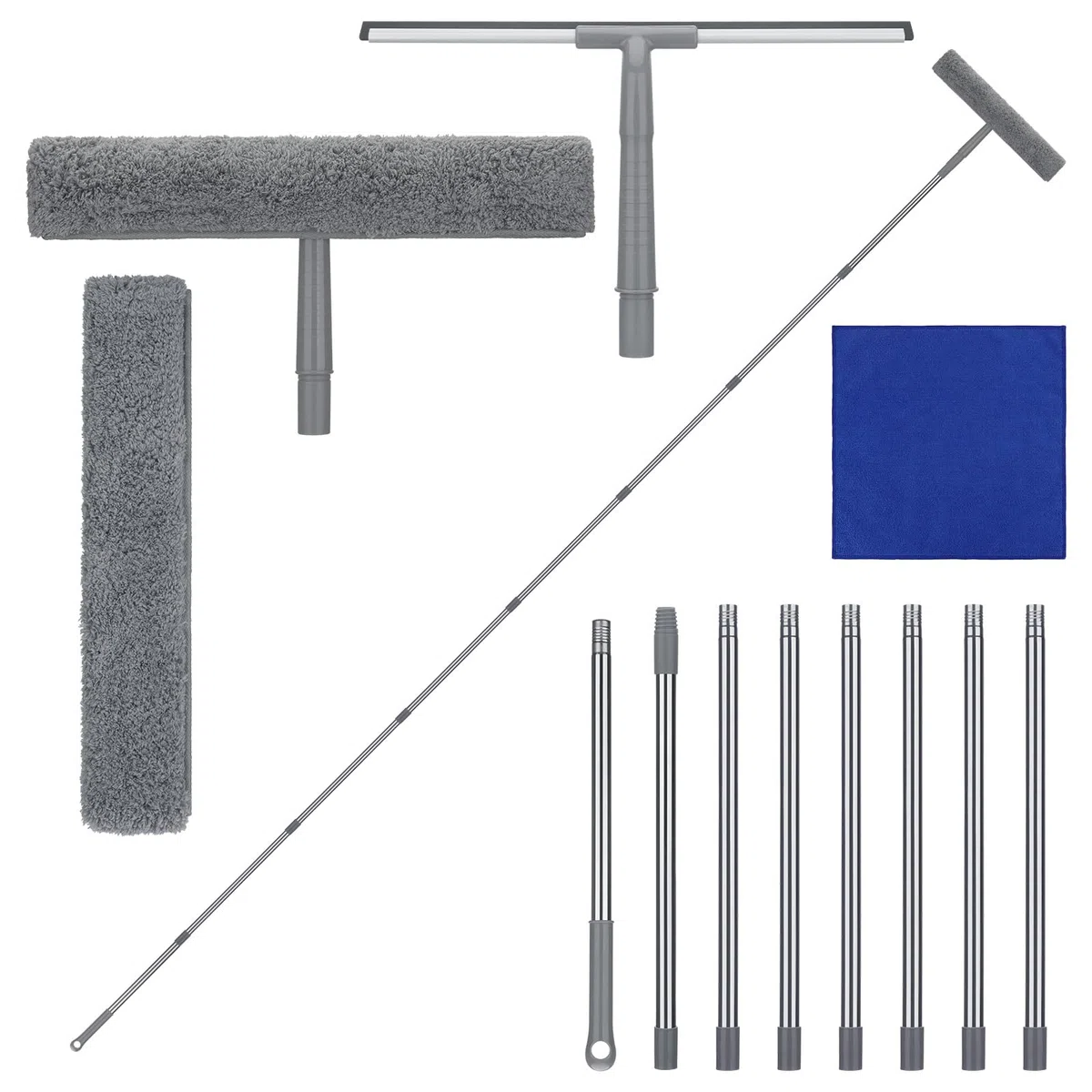 Lavavetri con Manico Telescopico 300cm, 3 in 1 Professionale Kit Pulizia Vetrate con Tira Acqua in Silicone e Lavavetri in Microfibra, per Vetri Finestre, Vetri Auto e Pannelli Fotovoltaici Pulizia