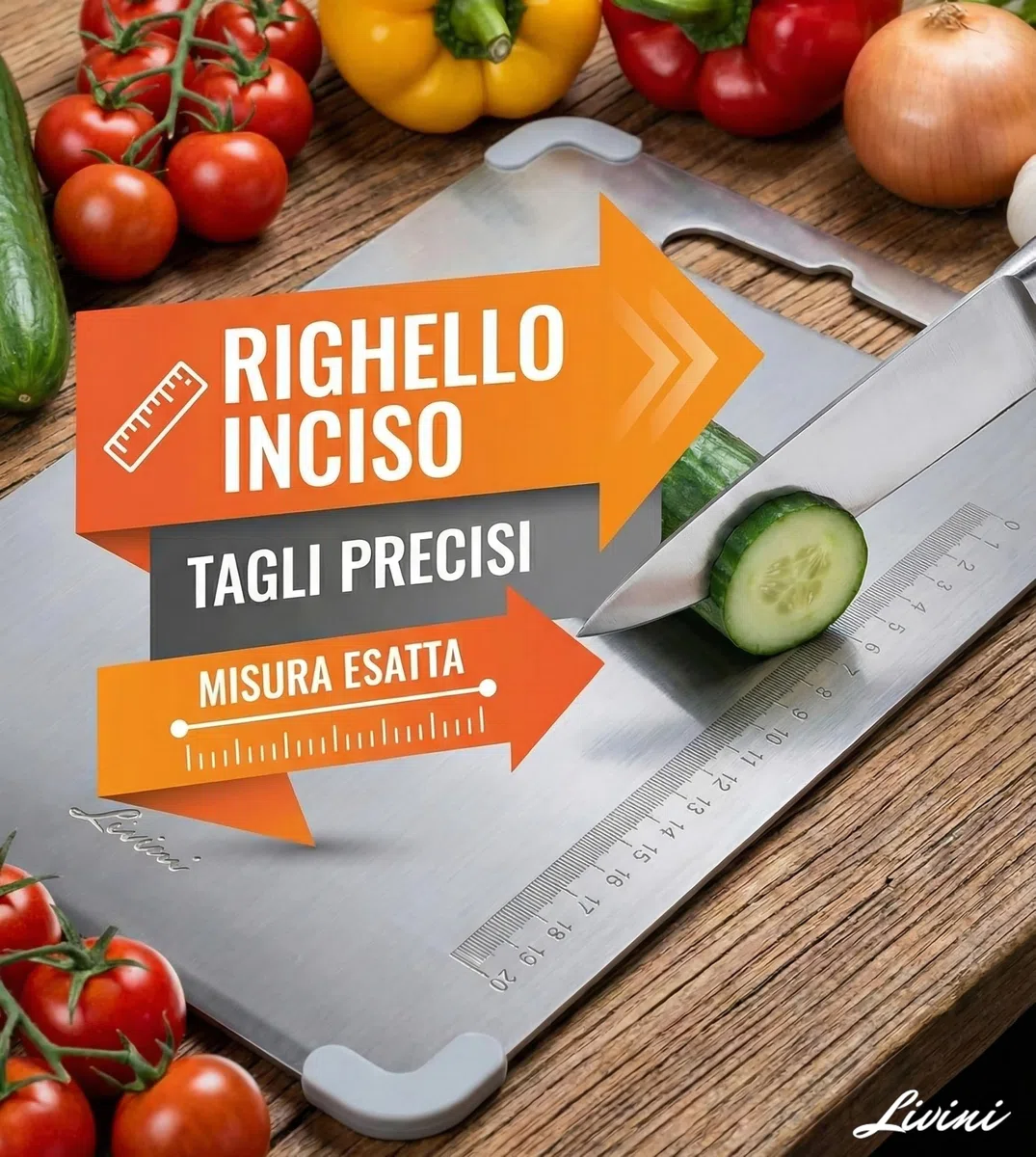 LIVINI Tagliere in Acciaio Inox 304 Alimentare 34x23cm, Tagliere da Cucina Professionale con Angoli Antiscivolo Rimuovibili in Silicone Antibatterico, Righello inciso per un Taglio preciso