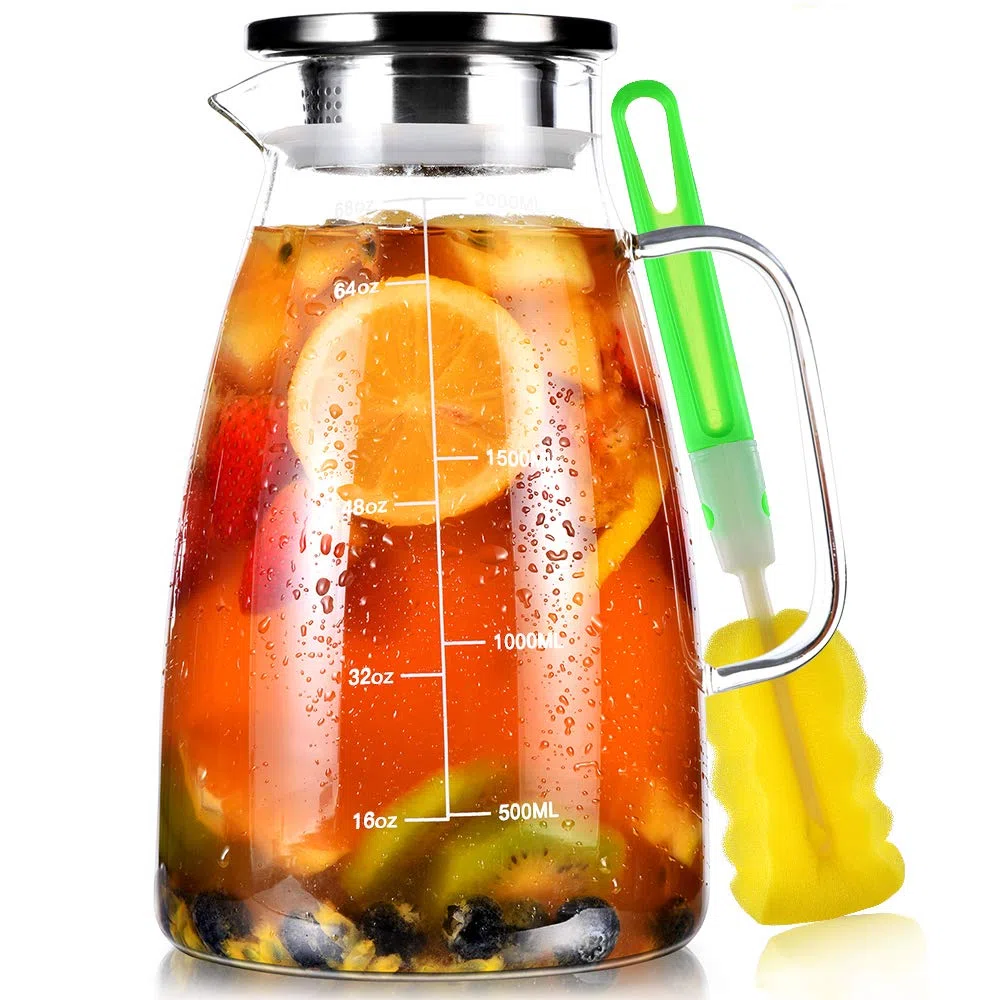 Caraffa in Vetro 2L Graduata Aofmee, Brocca con Coperchio Acciaio Inox 304, in Borosilicato, Caraffa Acqua per Frigorifero, Tè Freddo, Succo, Bevande