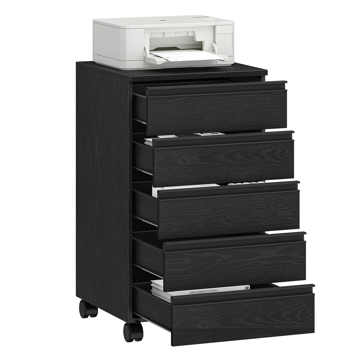 Hzuaneri Schedario da ufficio a 5 Cassetti, Cassettiera da Ufficio, Cassettiera Scrivania con Ruote, Studio, 40 x 40 x 70 cm, Nero FC55504X