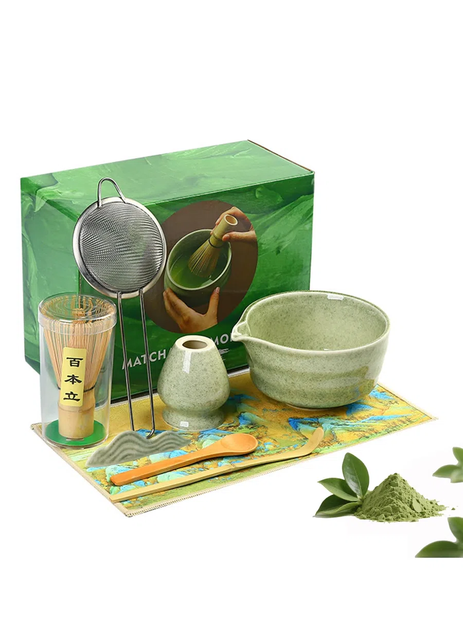 Set Matcha – Matcha Set a 8 Pezzi per la Cerimonia del Tè: Ciotola con Beccuccio, Frusta Matcha in Bambù con Supporto, Chashaku, Supporto per Chashaku, Cucchiaio in legno, Chakin, Setaccio per Matcha