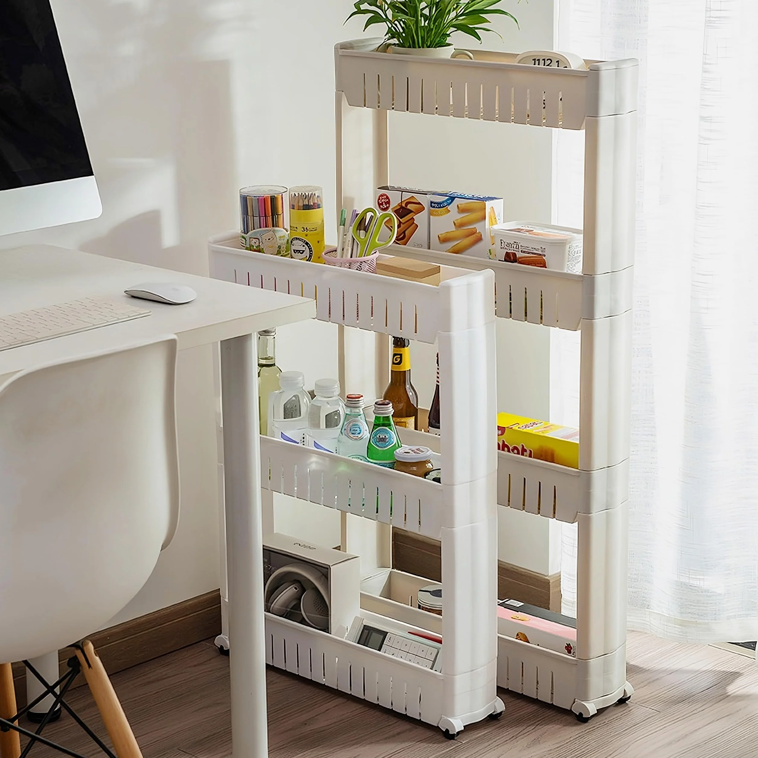 Retoo Carrello a rotelle a 3 livelli, in plastica, sottile, universale, per nicchia su ruote, salvaspazio, scaffale da bagno e cucina, scaffale su ruote per cucina, ufficio, bagno, 71 x 54 x 12 cm,