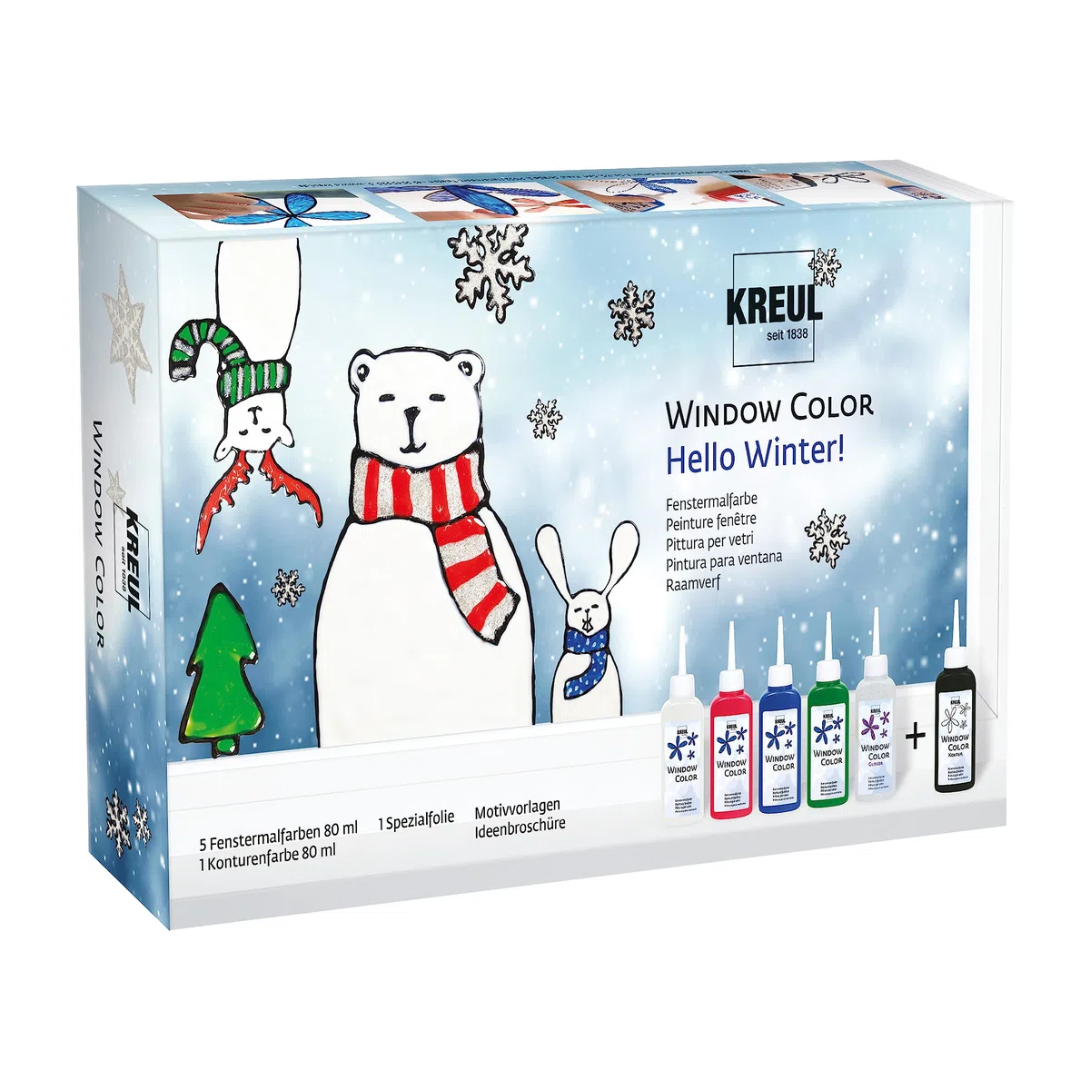 KREUL 42853, Window Color Set Hello Winter, 6 x 80 ml colori per finestre, include contorno nero, set completo con colori brillanti, glitter e modelli