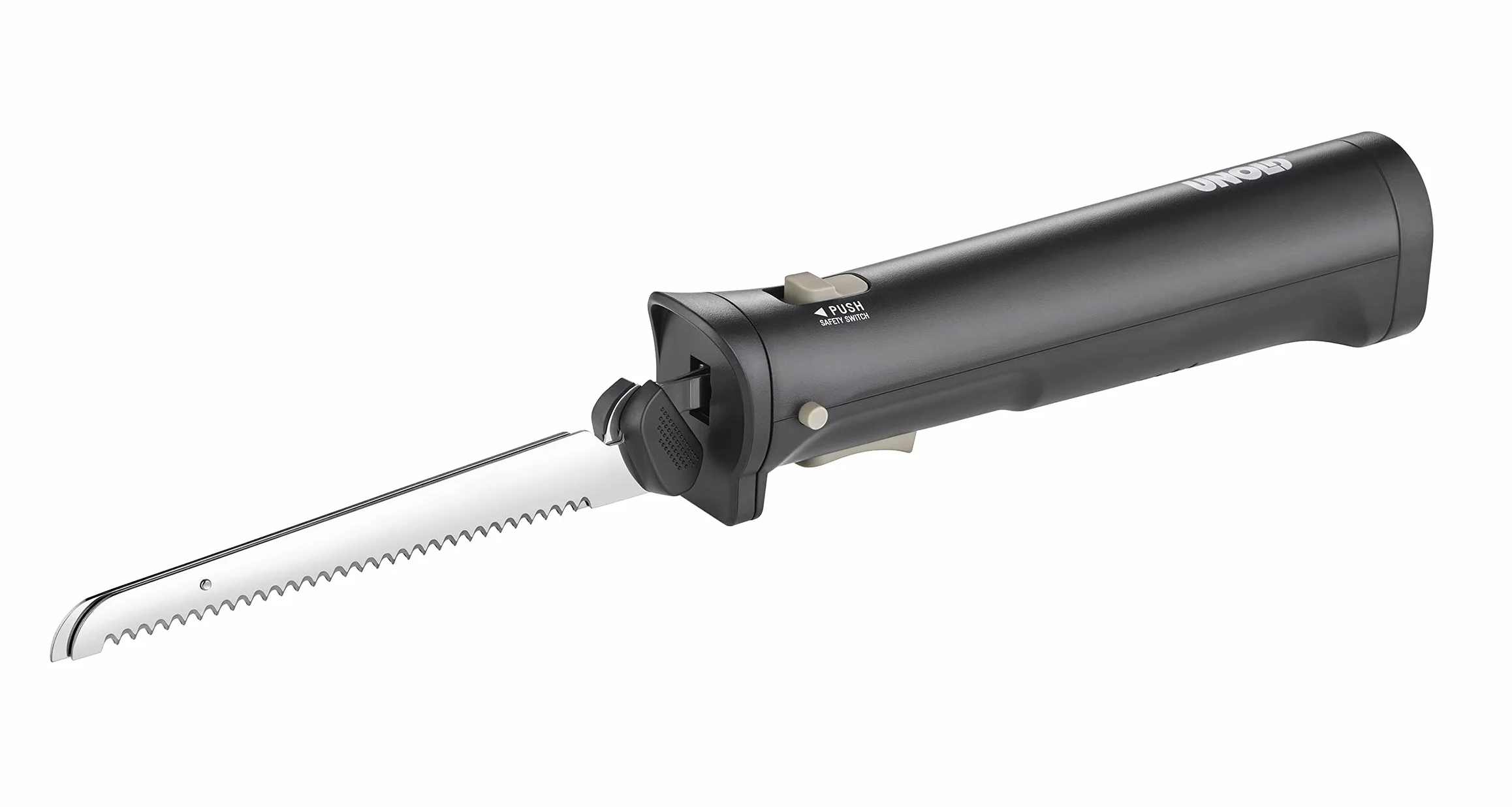 Unold 78815 Coltello elettrico senza fili con due coltelli intercambiabili in acciaio inox per pane, verdure, carne o pesce, durata della batteria di 45 minuti, senza fili – per una