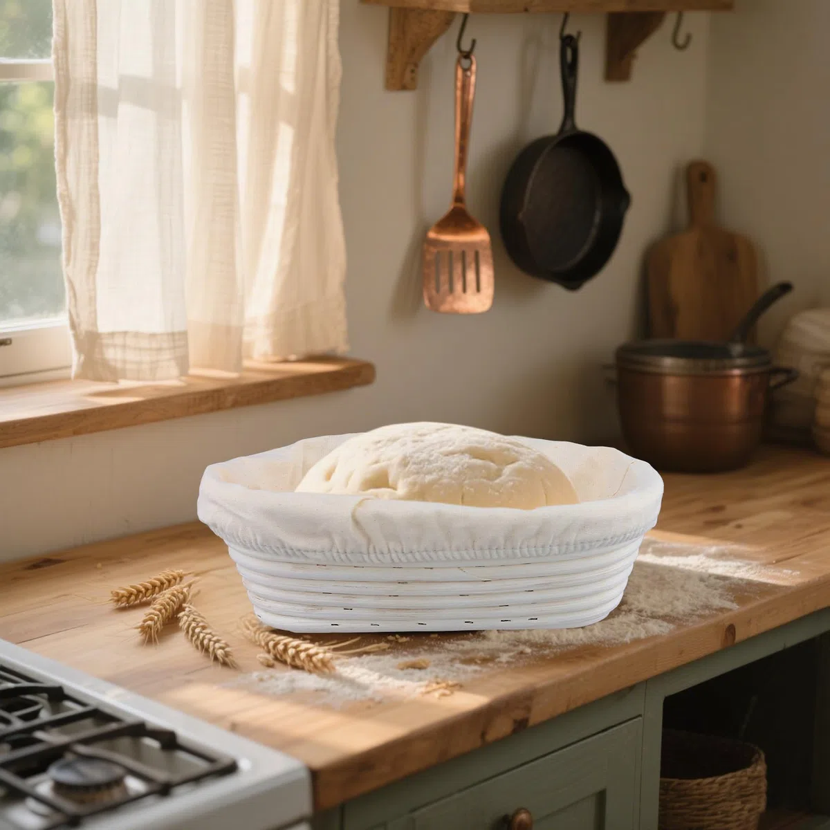 SINJEUN Set di 2 cestini ovali da 25 cm e 28 cm, in rattan con panno di lino, per pane, cucina, panetteria