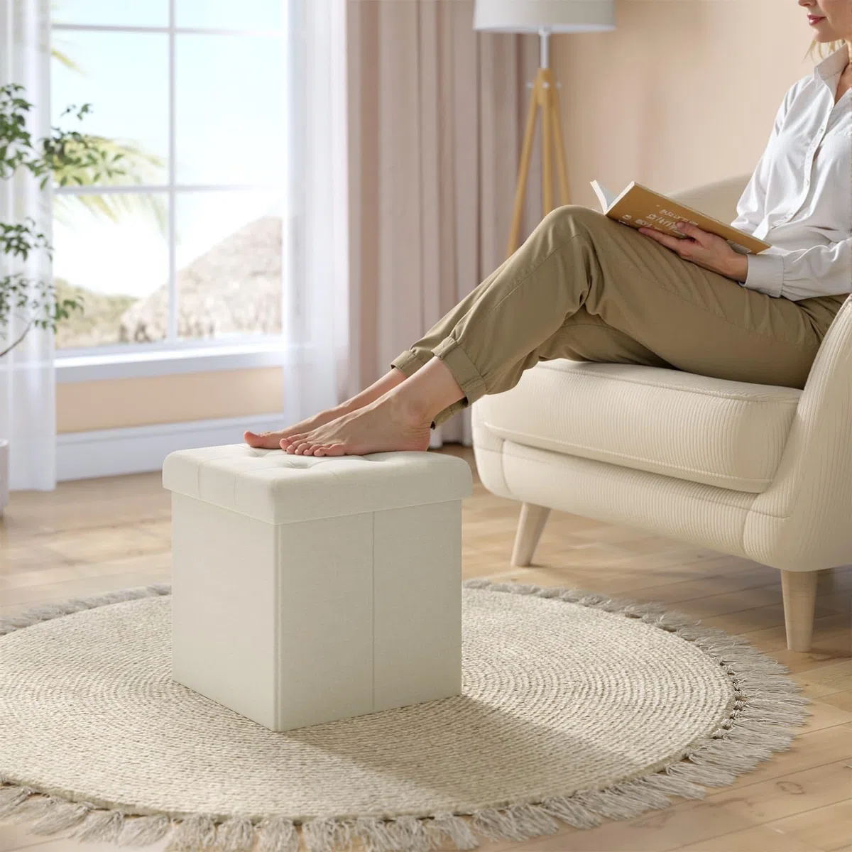 WOLTU Pouf con Contenitore, Puffo Pieghevole con Coperchio, Poggiapiedi Divano, Cubo Seduta con Ripiano, per Soggiorno o Camera da Letto, 30x30x30 cm, Crema