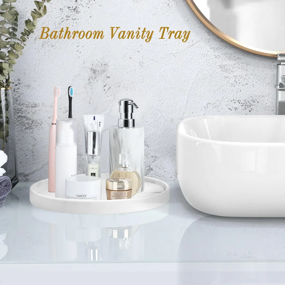 Luxspire Vassoio in Resina, Vassoio da Portata, Vassoio Decorativo, Vassoio da Bagno, Vassoio Rotondo, Vassoi per Sapone Candele Gioielli Profumi, Organizer da Bagno, Marmo Bianco
