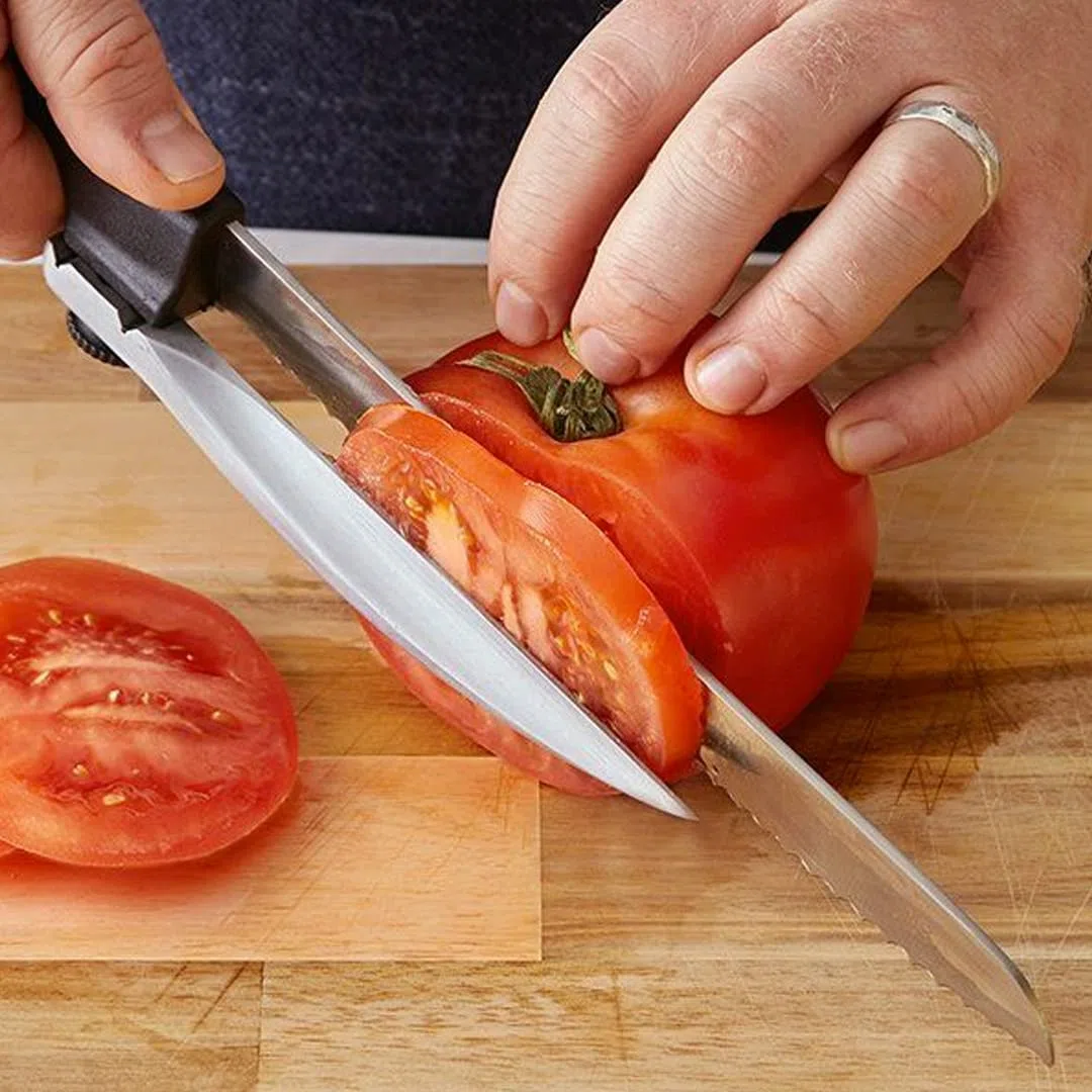 Coltello da cucina con guida di taglio (destro) - 21cm, denti mezza-luna.