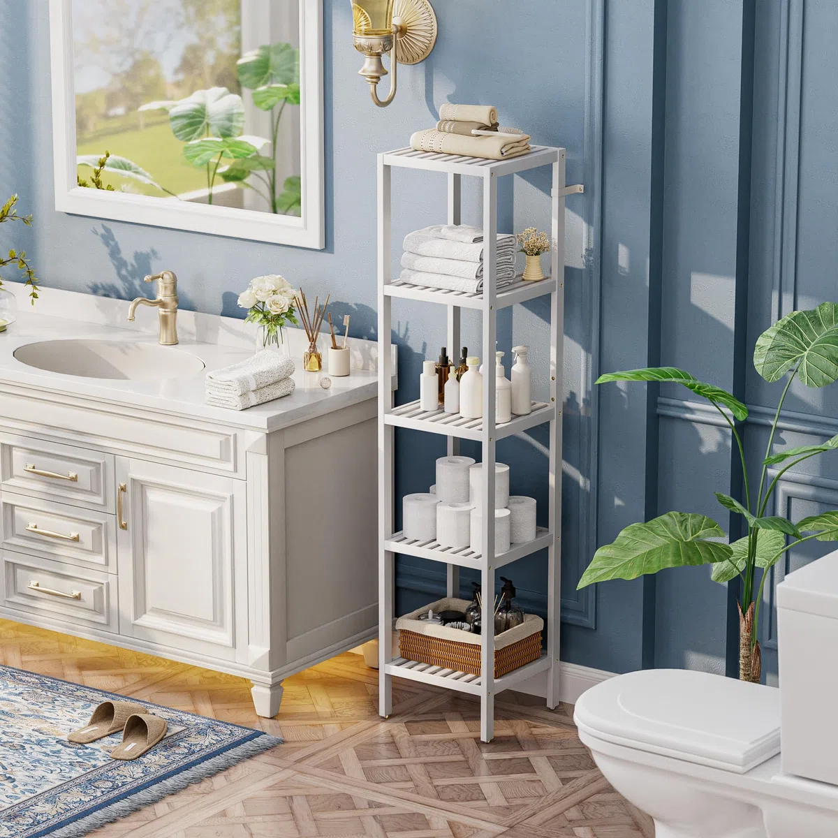 SMIBUY Scaffale per il bagno, organizzatore di scaffali in bambù a 5 livelli, scaffale multifunzionale per soggiorno, camera da letto, cucina (bianco)