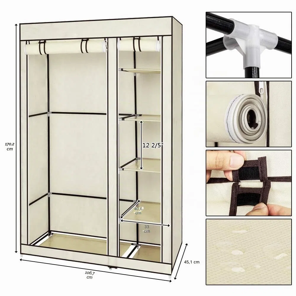 LEADZM Armadio, guardaroba in tessuto pieghevole con cerniera, scomparti, per camera da letto, soggiorno (Beige, 110 x 45 x 175 cm)