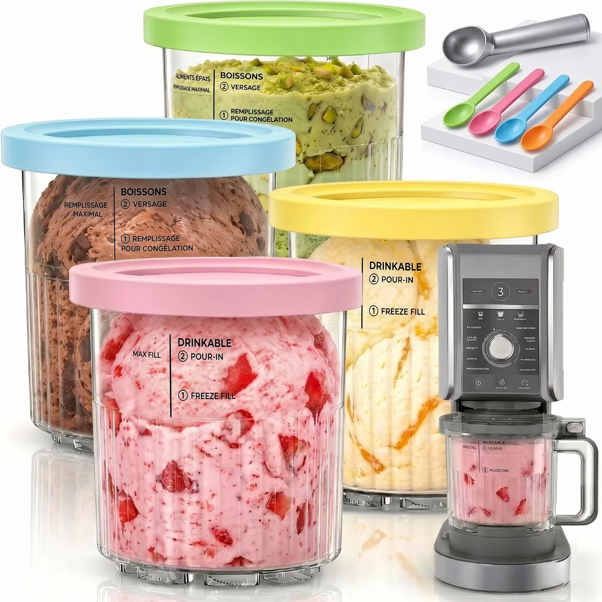 Set di 4 contenitori per ninja CREAMi Deluxe, 24oz Ice Cream Pints con coperchi colorati, inclusi 4 mini cucchiai e porzionatori per gelato in acciaio inox, senza BPA, lavabili in lavastoviglie