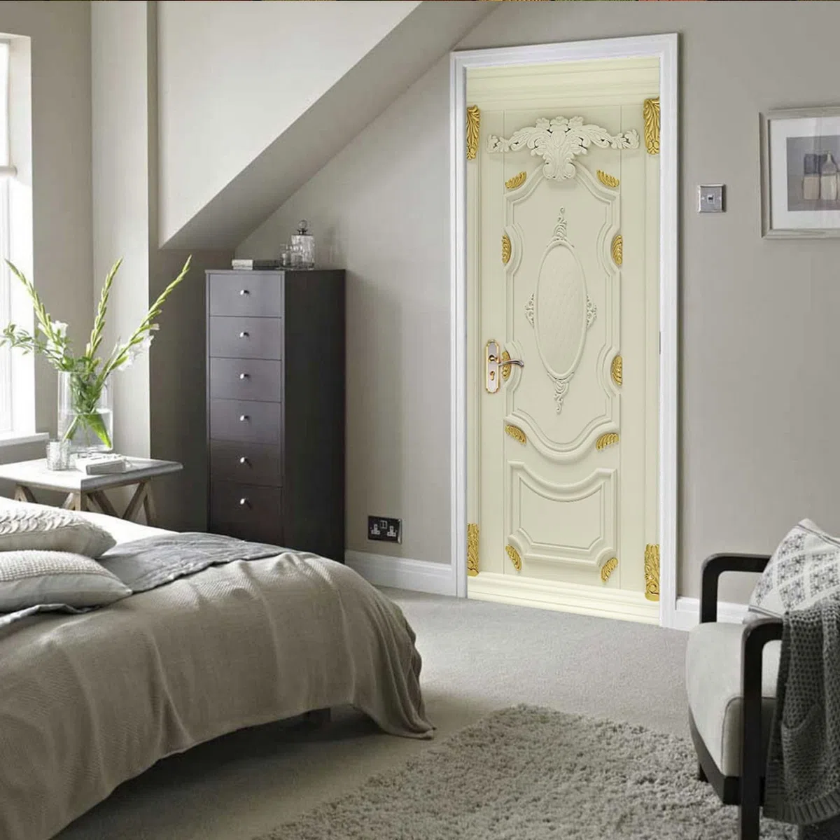 A.Monamour Adesivo Porta Autoadesiva Classica Porta In Legno Bianco Con Rilievi Dorati Vinile PVC Adesivi per Porte Interne 3D Pellicola Adesiva Poster Sticker Murale Parete Carta da Parati