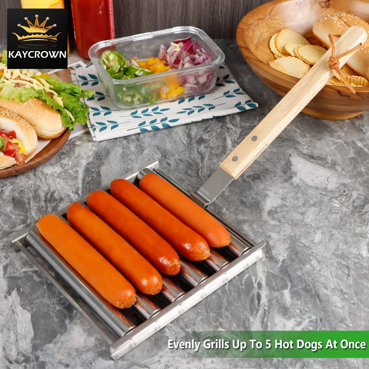 KAYCROWN Rullo per Hot Dog in Acciaio Inox Con Manico in Legno Extra Lungo, Barbecue per Cottura Uniforme, Capacità 5 Hot Dog