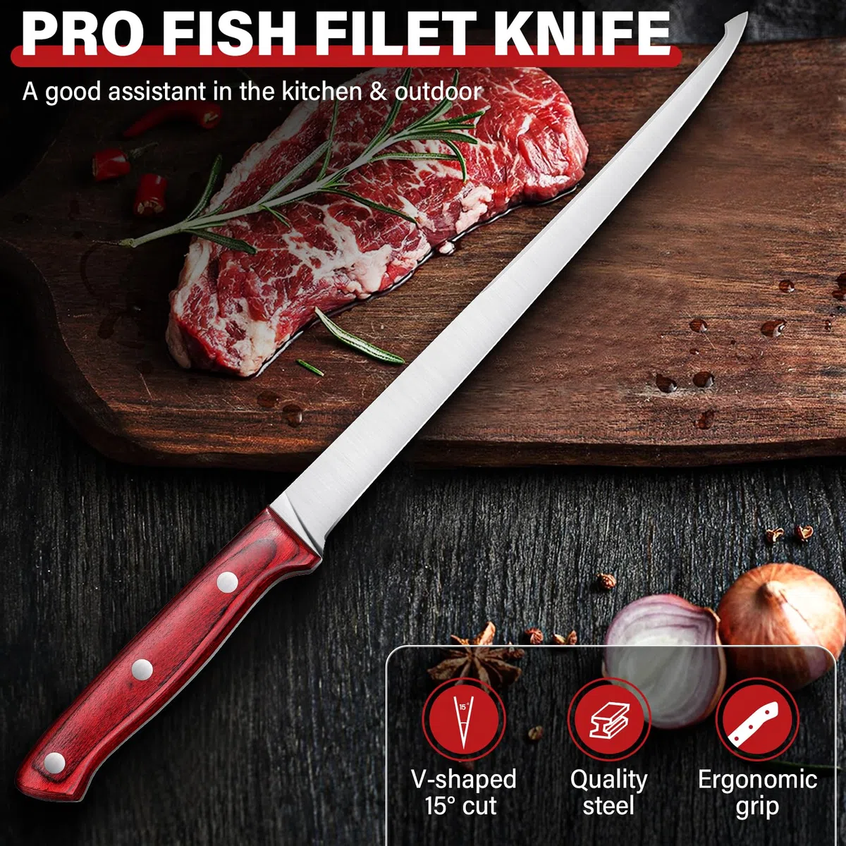 TAN REN Coltello per Sfilettare Pesce, 24.0 CM Coltello da Disosso Professionale in Acciaio Inossidabile, Bordo Disossare Pesce e Carne, Coltelli da Cucina Professionali e Domestica,Ristoranti